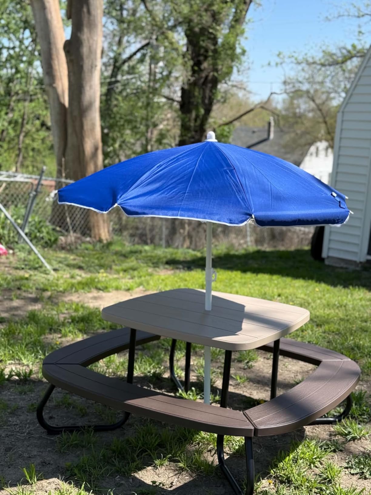 Costzon Kids Picnic Table, 8 Person Kids Outdoor Table and Chairs with Foldable & Adjustable Umbrella, 4 Built-in Benches, Toddler Outdoor Furniture for Backyard, Patio, Garden (Blue) customer photo 1