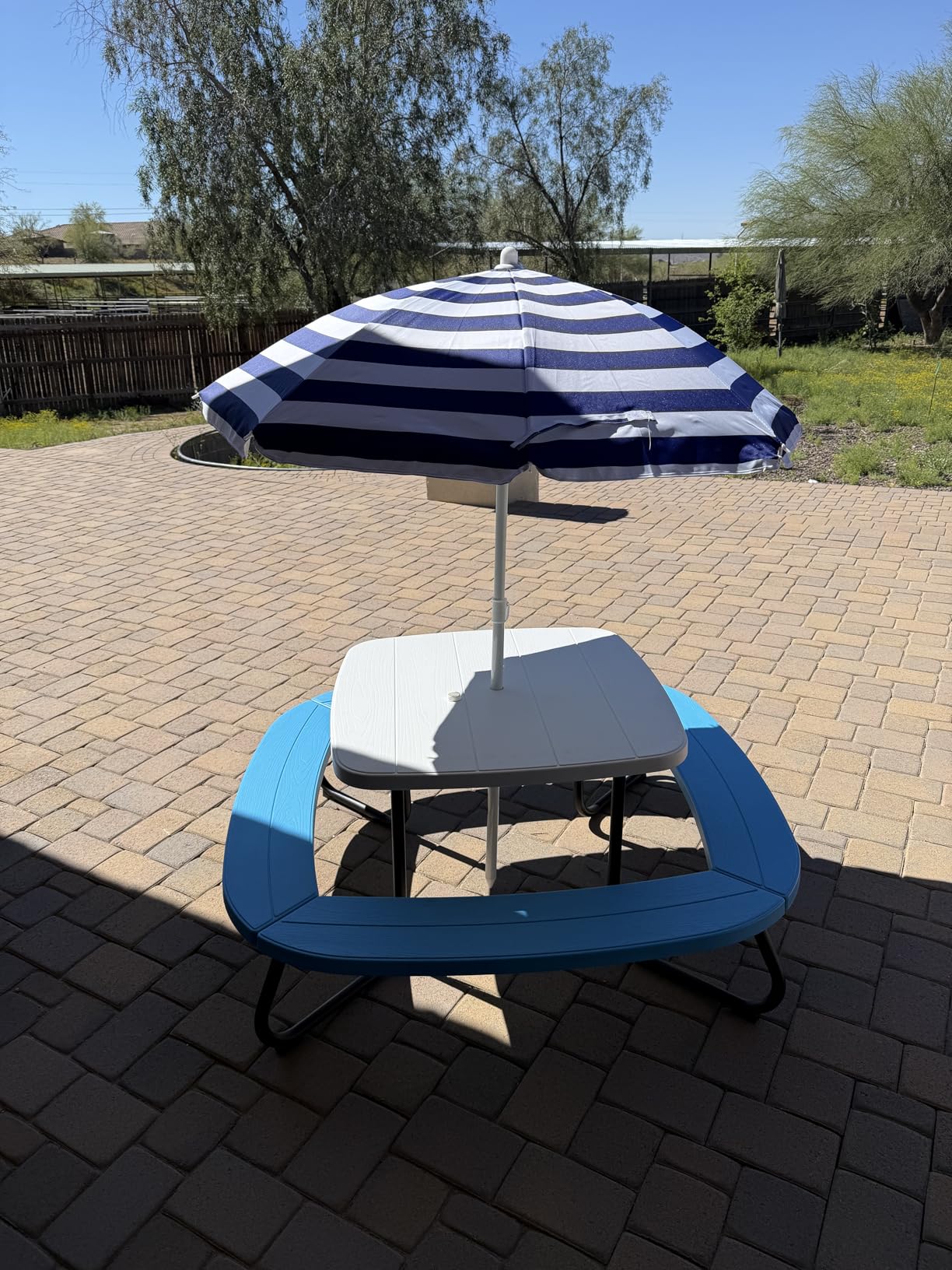 Costzon Kids Picnic Table, 8 Person Kids Outdoor Table and Chairs with Foldable & Adjustable Umbrella, 4 Built-in Benches, Toddler Outdoor Furniture for Backyard, Patio, Garden (Blue) customer photo 2