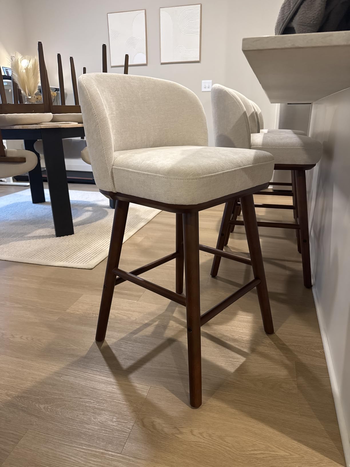 LUE BONA Counter Height Bar Stools Set of 3, Upholstered Barstools with Wooden Legs and Backs, 19.7