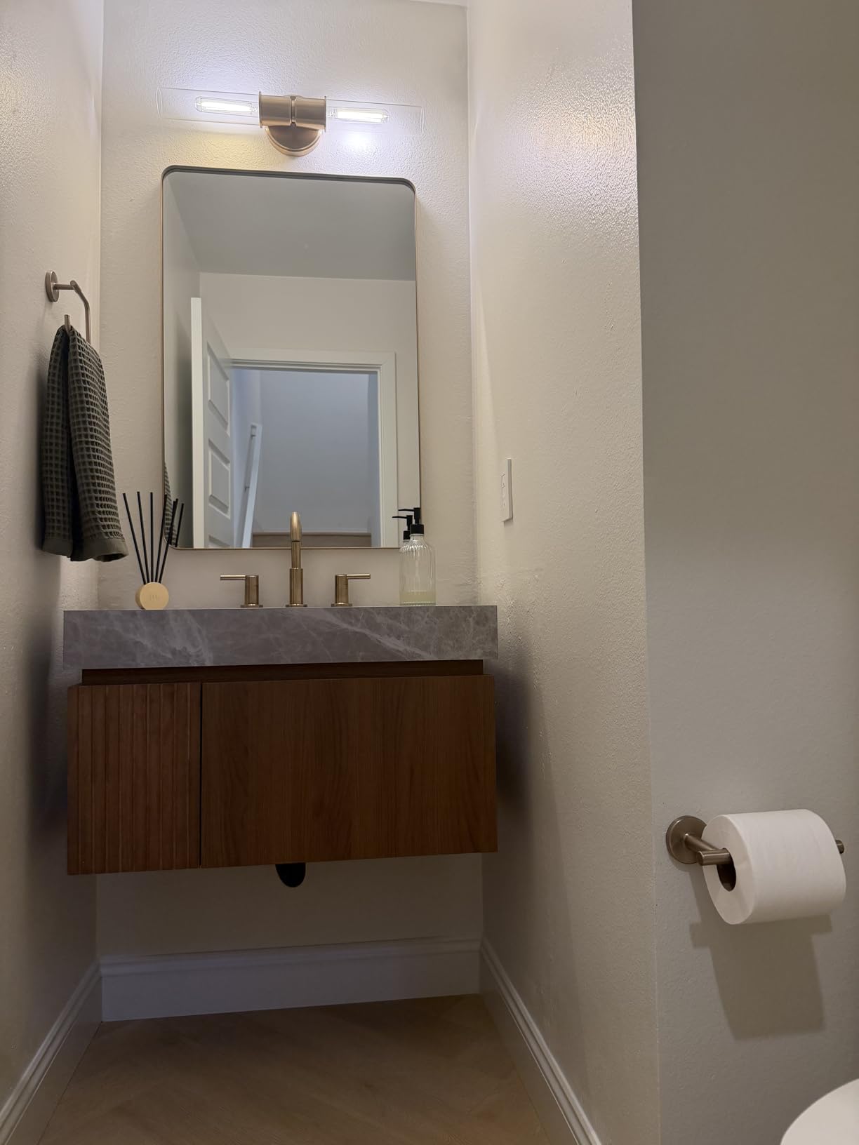 Ambrovina 36 inch Bathroom Vanity with Sink, Wall Mounted Storage Vanities with Drawer and Door, Roma Travertine-Pattern Countertop and Ceramic Basin, Pre-Assembled Cabinet, Light Wooden Color customer photo 1