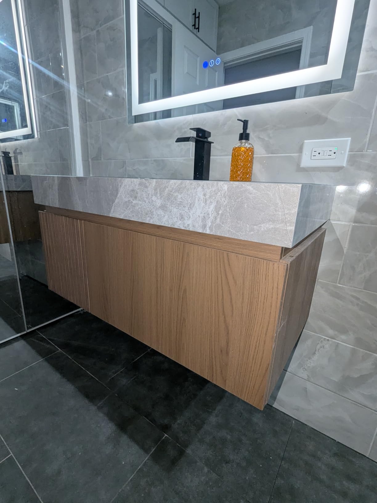 Ambrovina 36 inch Bathroom Vanity with Sink, Wall Mounted Storage Vanities with Drawer and Door, Roma Travertine-Pattern Countertop and Ceramic Basin, Pre-Assembled Cabinet, Light Wooden Color customer photo 2