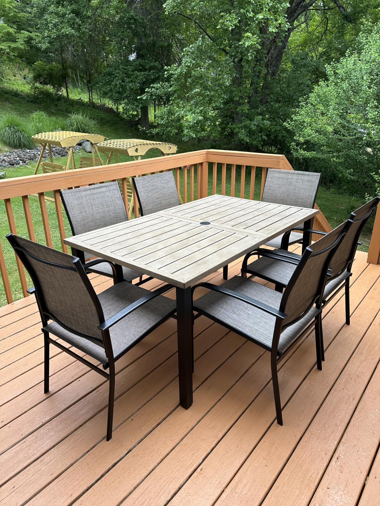 HERA'S HOUSE Patio Table and Chairs for 6, 7 Pieces Outdoor Deck Dining Sets, Wood-Like Rectangular Metal Table Set with Chairs for Lawn Garden Backyard, Brown customer photo 2