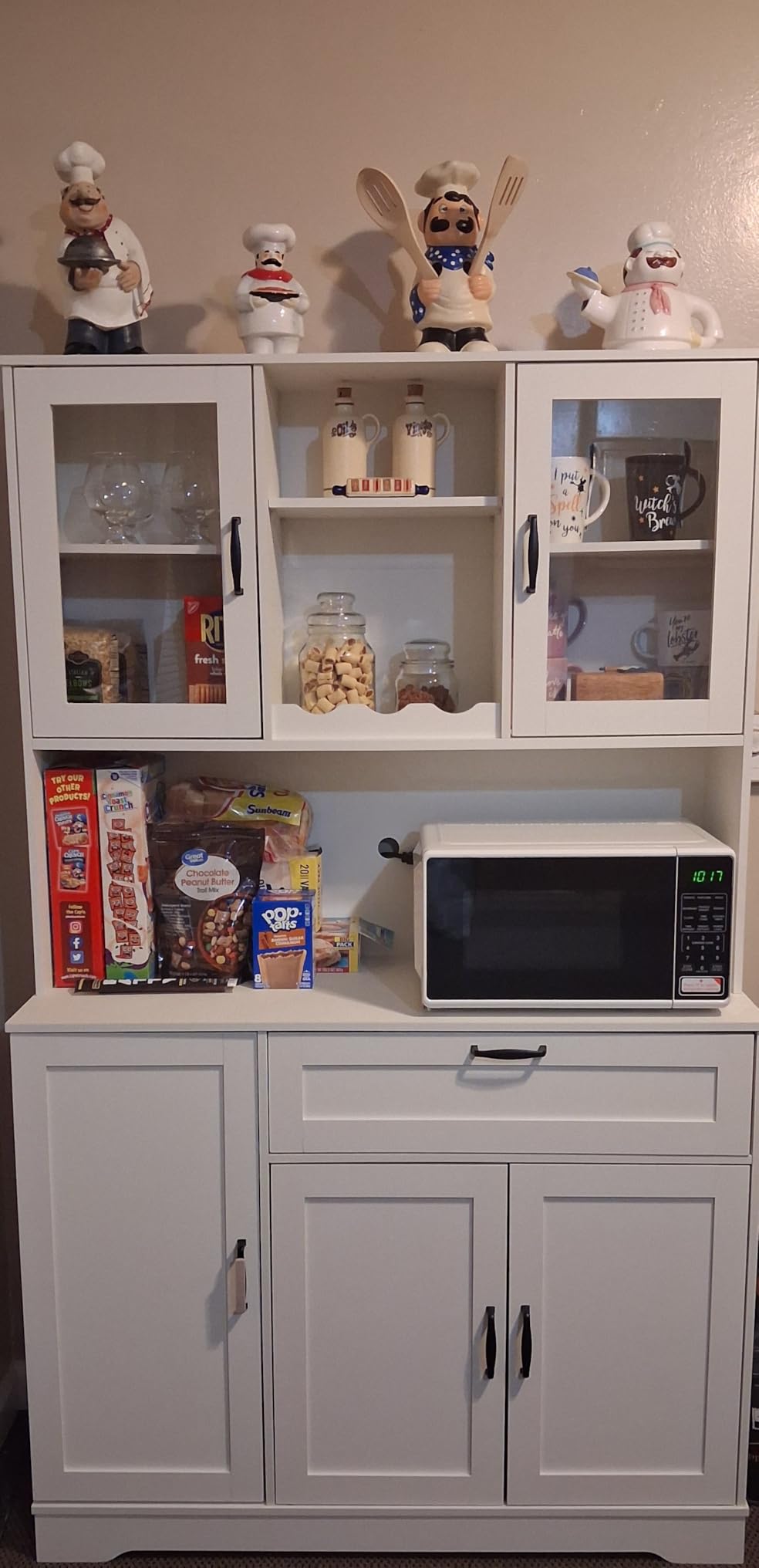 Shintenchi Kitchen Pantry Storage Cabinet, Freestanding Buffet Cabinet with Microwave Stand & 3 Door Shelves, Kitchen Hutch with Doors, Adjustable Shelves and Wine Rack, White customer photo 1