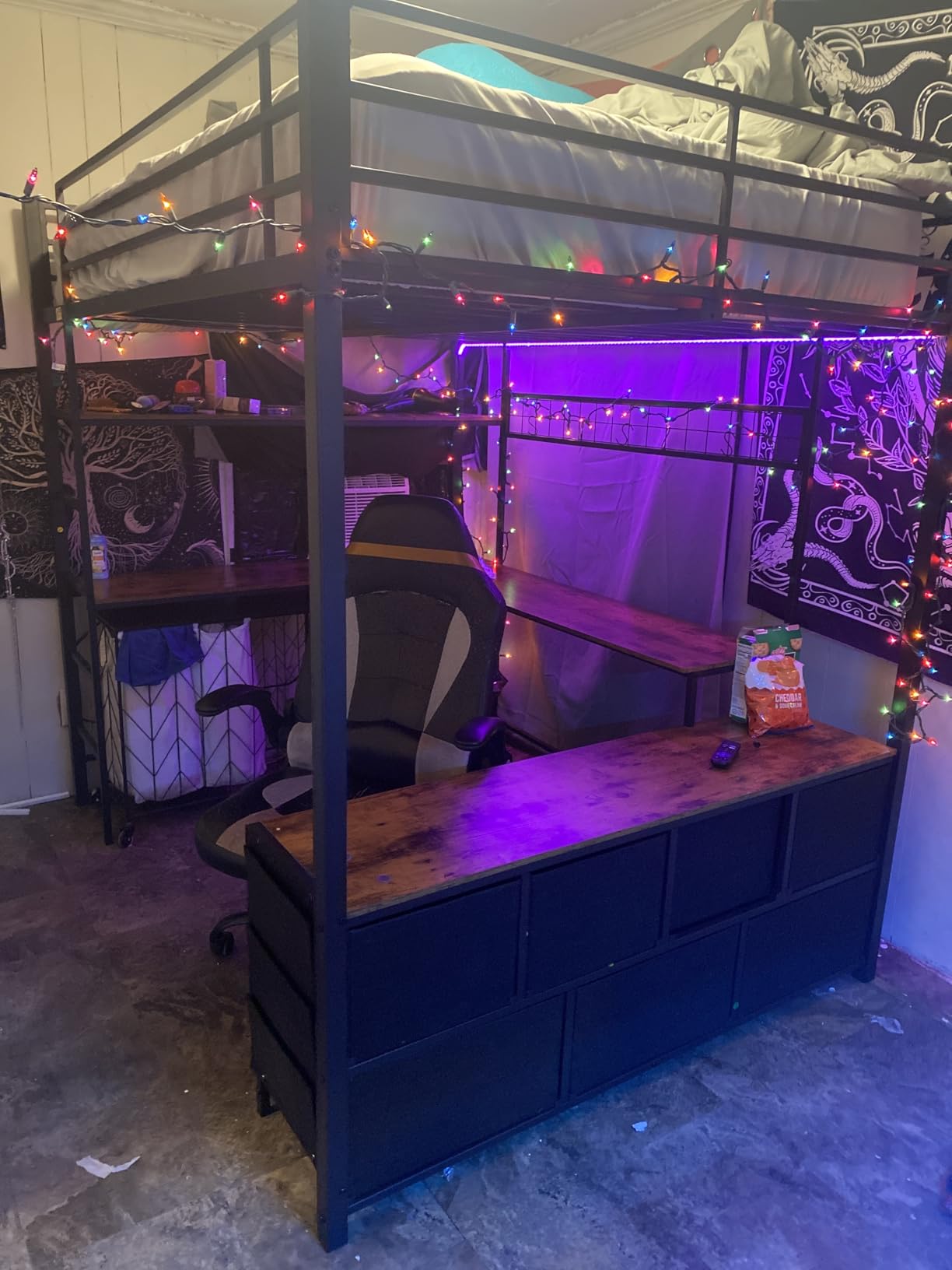 DICTAC Full Loft Bed with U-Shaped Desk, 7 Storage Drawers and Charging Station, Metal Full Size Loft Bed with Led Lights and 2-Tier Storage Shelves, Teen Loft Beds with Safety Guardrail & Stairs, Black customer photo 1