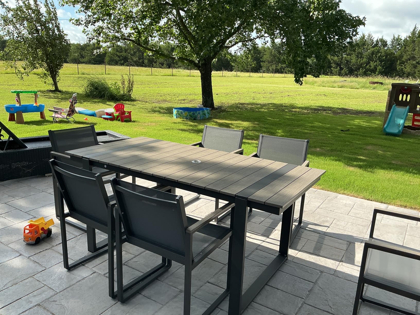 Outdoor Dining Set, HDPS + Aluminum Patio Table and Chairs Set with U-Shaped Base, 7 Piece Outdoor Furniture Set with Umbrella Hole, Patio Dining Table Set for Garden, Backyard (Gray-Teak) customer photo 1