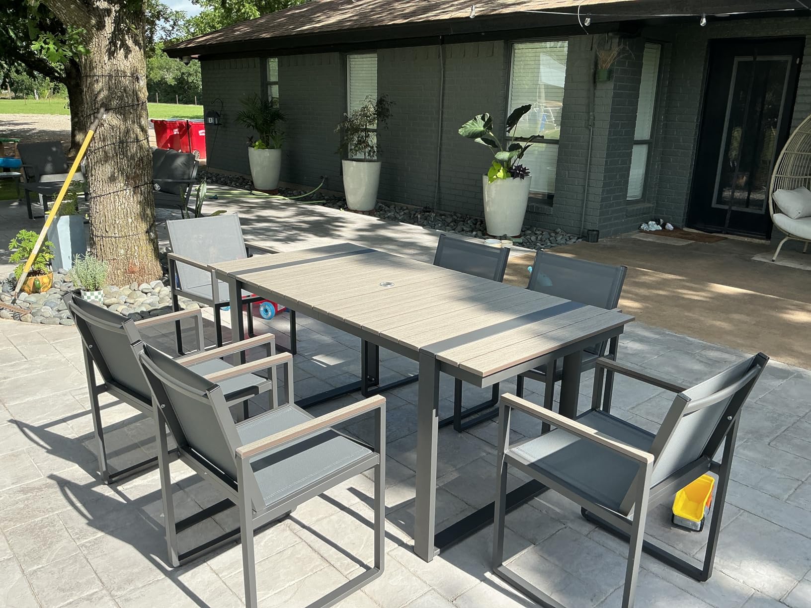 Outdoor Dining Set, HDPS + Aluminum Patio Table and Chairs Set with U-Shaped Base, 7 Piece Outdoor Furniture Set with Umbrella Hole, Patio Dining Table Set for Garden, Backyard (Gray-Teak) customer photo 2