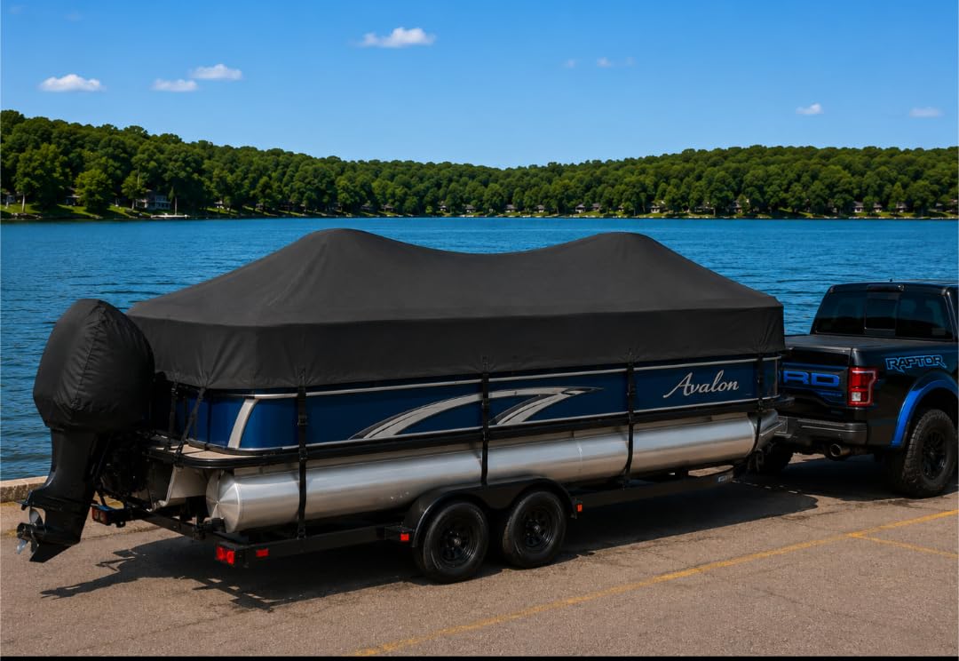 Pontoon Boat Cover with Support Poles 2 Pack, 1200D Heavy Duty Pontoon Boat Cover, 17-20ft Boat Cover for Pontoon with Motor Cover, Adjustable 14 Tie Down Straps, Gray customer photo 1
