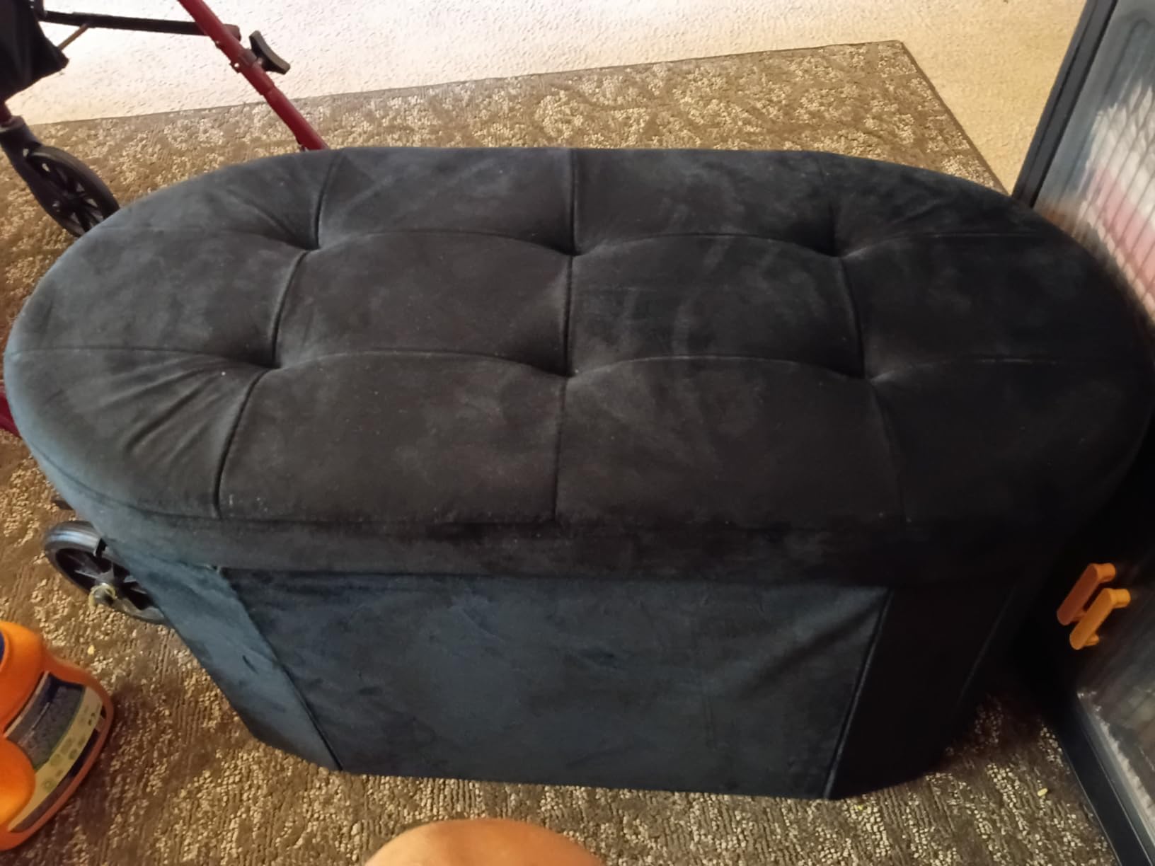 SONGMICS Mazie Collection - Folding Ottoman with Storage, Oval Storage Ottoman Bench, for Living Room, Bedroom, Velvet Fabric, 15 x 43 x 15 Inches, Ink Black ULSF297BH01 customer photo 1
