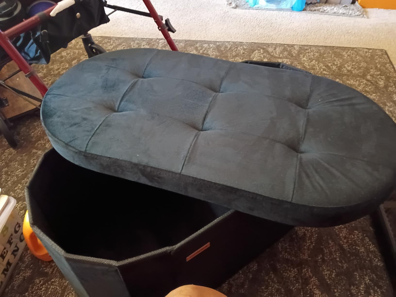 SONGMICS Mazie Collection - Folding Ottoman with Storage, Oval Storage Ottoman Bench, for Living Room, Bedroom, Velvet Fabric, 15 x 43 x 15 Inches, Ink Black ULSF297BH01 customer photo 2