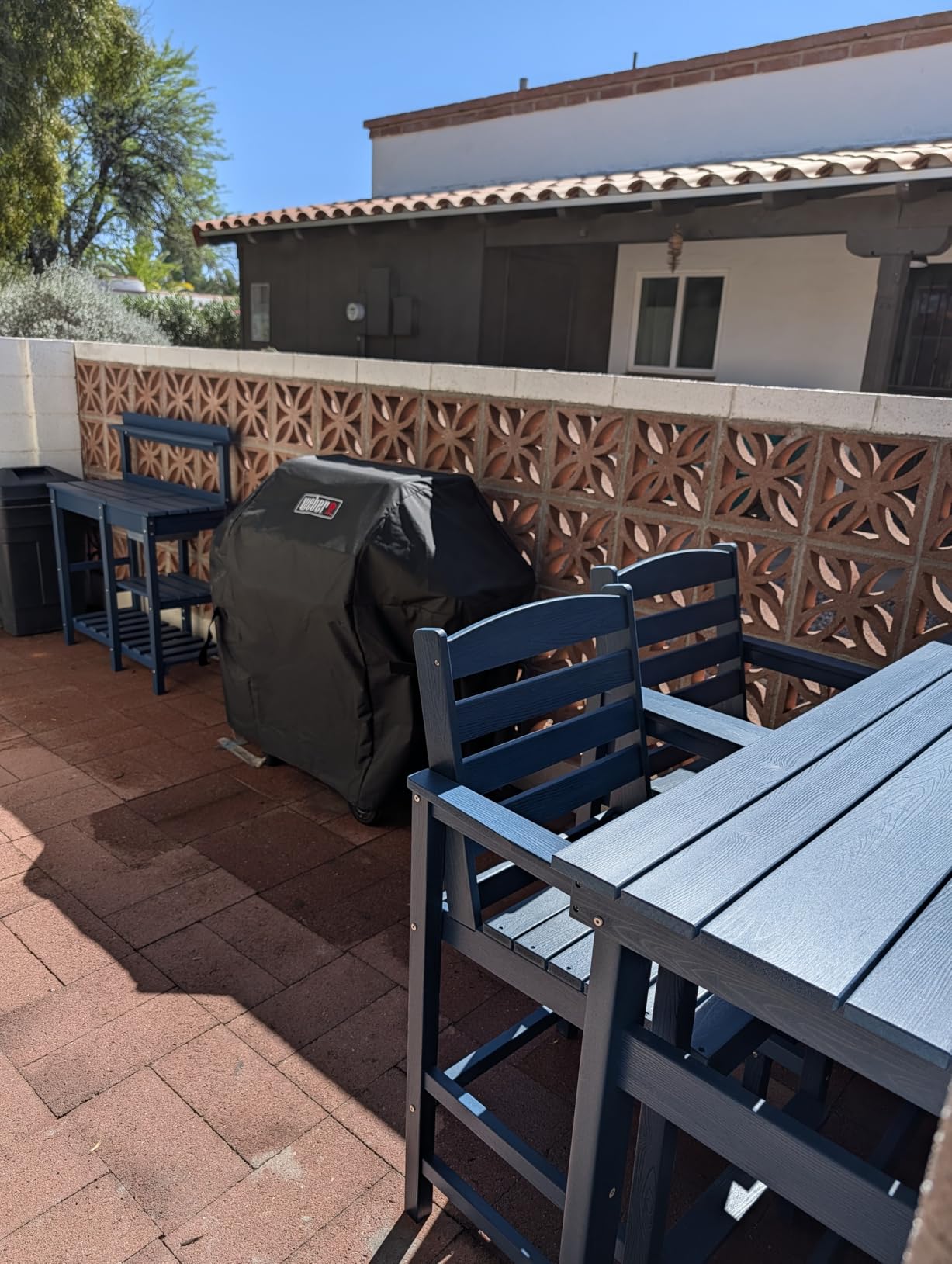 SERWALL Outdoor Bar Set with 9ft Umbrella, All-Weather HDPE Patio Bar Chairs and Table, Outdoor Furniture Set, Black (Umbreall Base not Included) customer photo 1