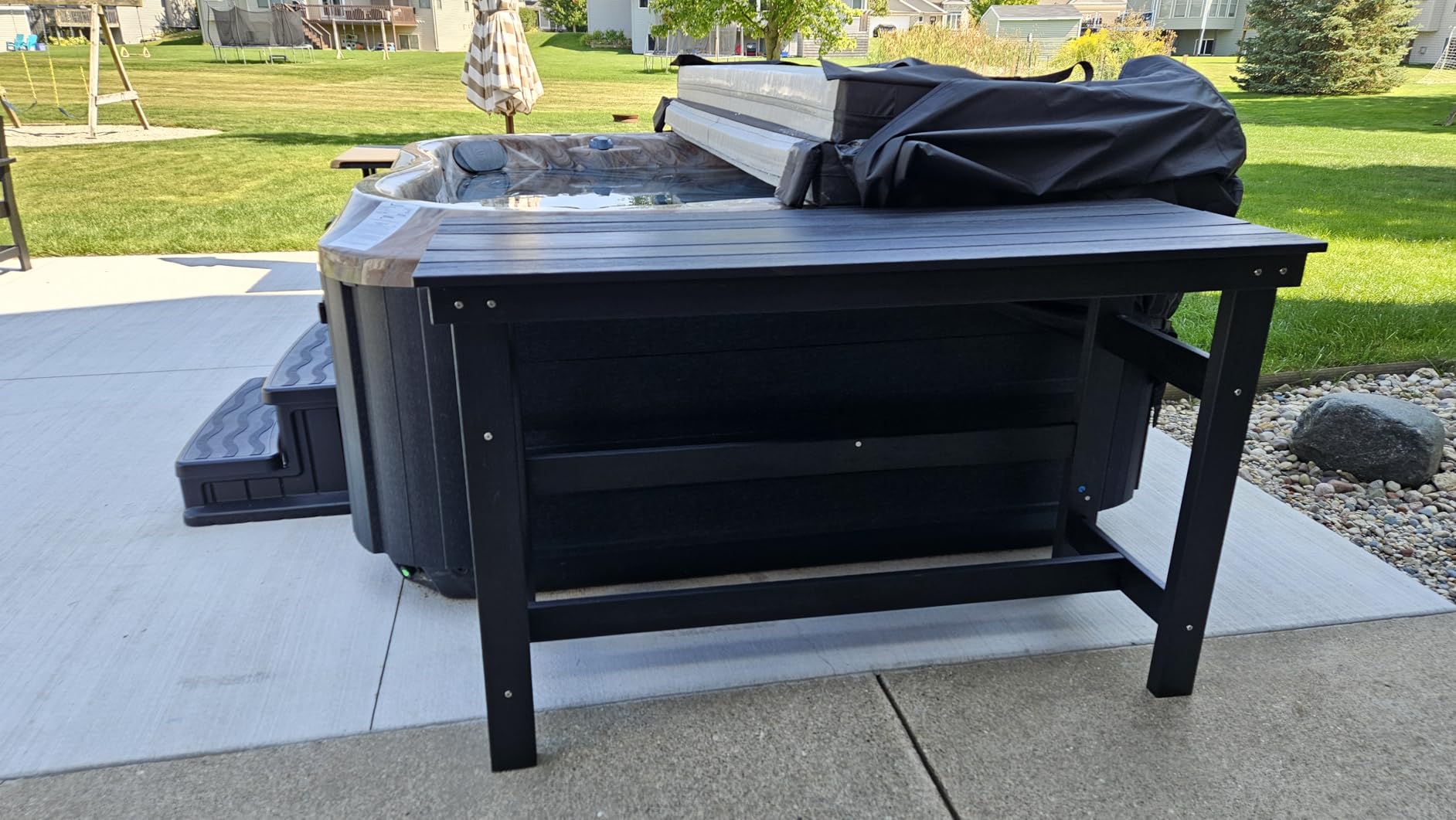 SERWALL Outdoor Bar Set with 9ft Umbrella, All-Weather HDPE Patio Bar Chairs and Table, Outdoor Furniture Set, Black (Umbreall Base not Included) customer photo 2