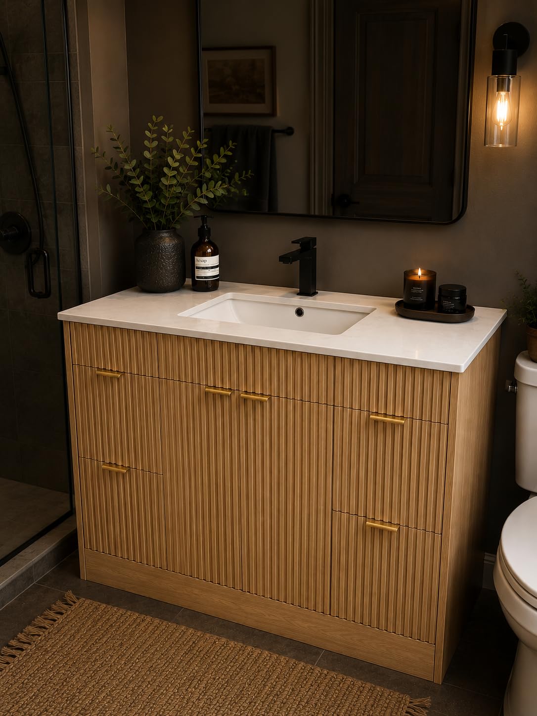 CARPETNAL 48 Inch Bathroom Vanity with Sink, Modern Fluted Bathroom Vanity with Sink with Storage Cabinet, Adjustable Shelf and 2 Soft Closing Doors & 4 Drawers, Natural Oak customer photo 1