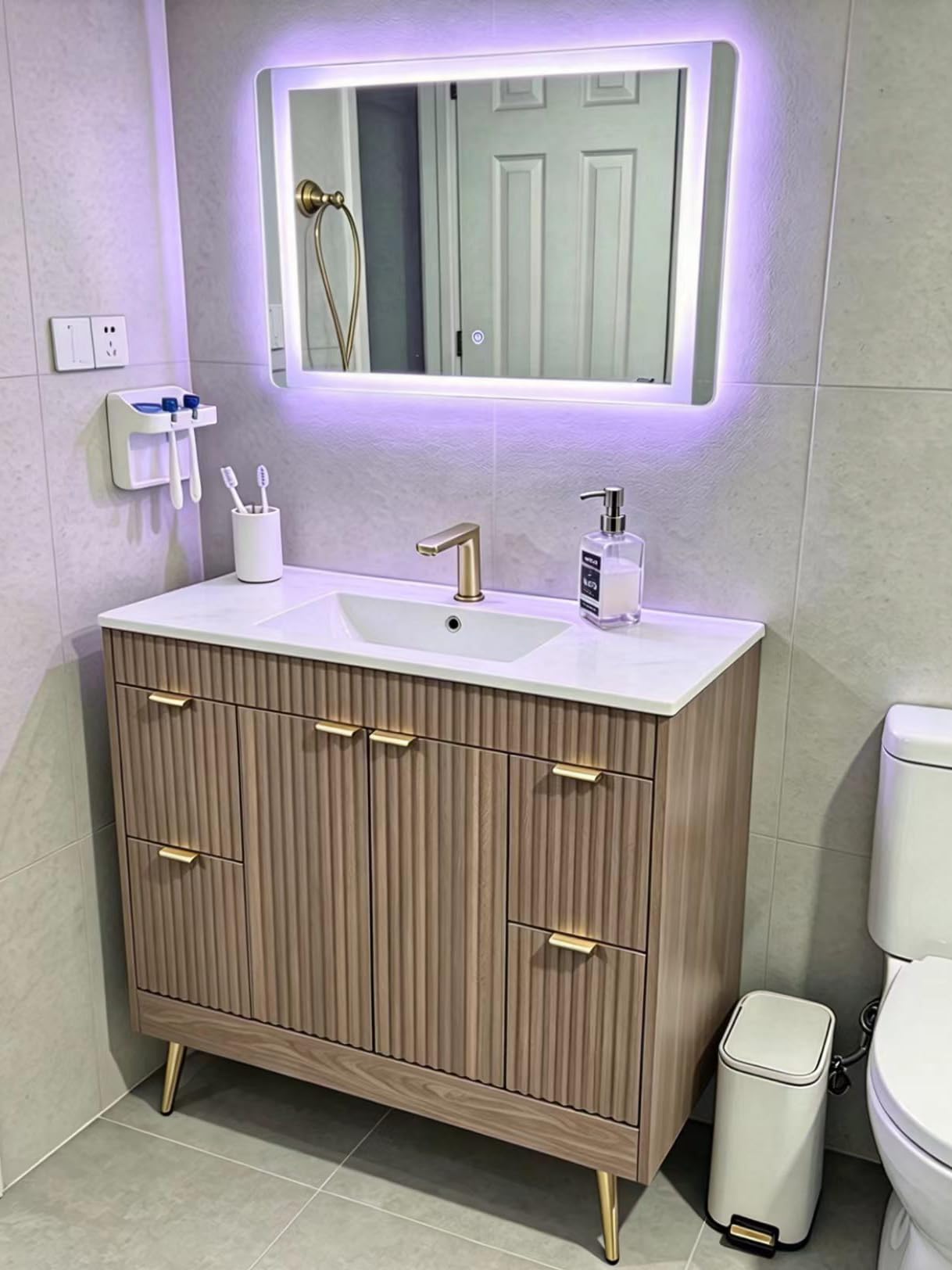 CARPETNAL 48 Inch Bathroom Vanity with Sink, Modern Fluted Bathroom Vanity with Sink with Storage Cabinet, Adjustable Shelf and 2 Soft Closing Doors & 4 Drawers, Natural Oak customer photo 2