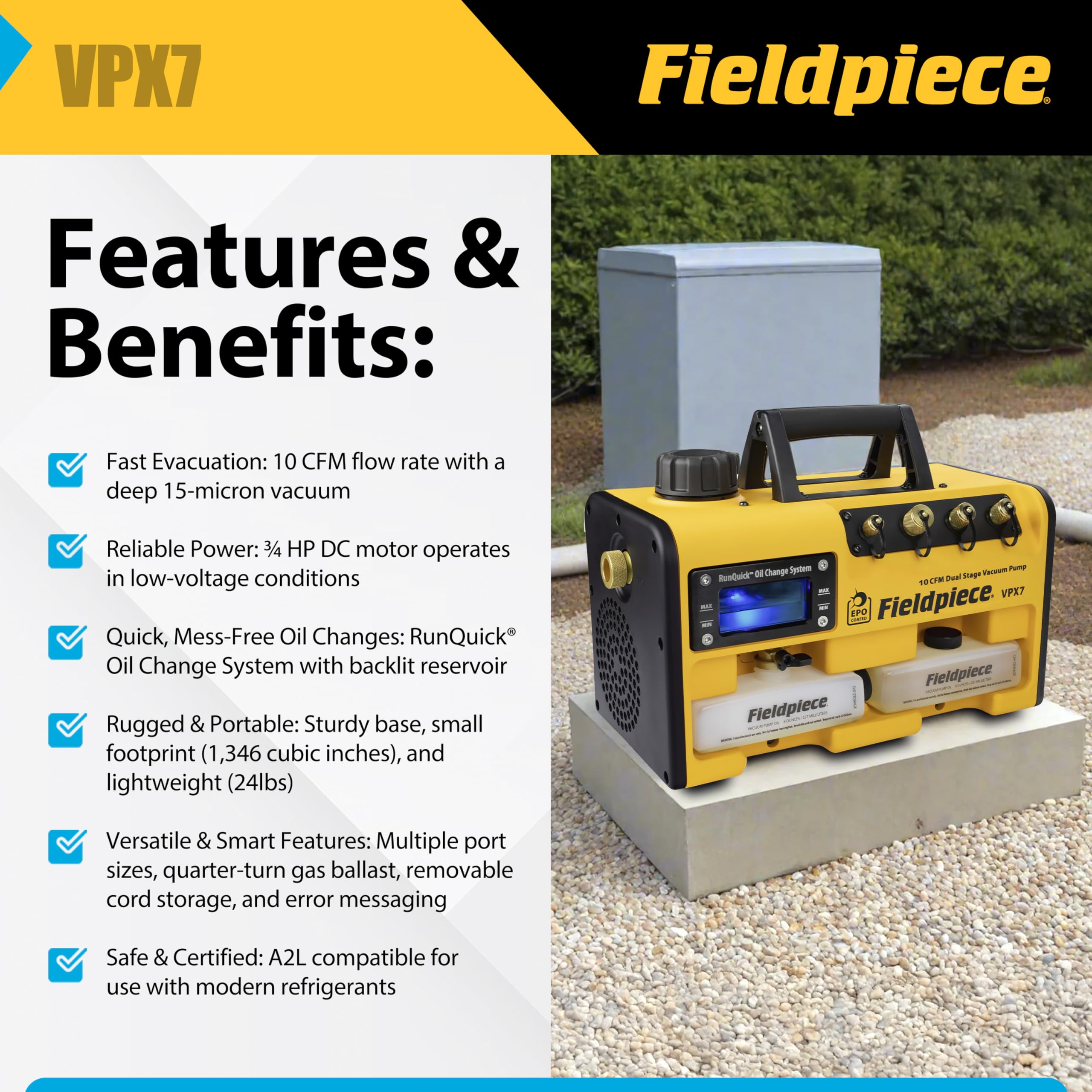 Fieldpiece VPX7 Vacuum Pump - 10 CFM, 3/4 HP DC Motor, RunQuick Oil Change System - Portable - Professional HVAC Tool - A2L Compatible customer photo 2