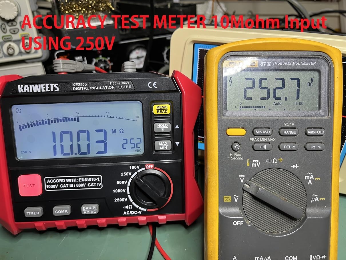 KAIWEETS Insulation Resistance Tester, Up to 200GOhm, Pro Megohmmeter, 5 Range 100V/250V/500V/1000V/2500V, One-Touch DAR/PI, Max/Min, Measures Resistance, AC/DC Voltage for HVAC, Motors, Solar, KE2500 customer photo 1