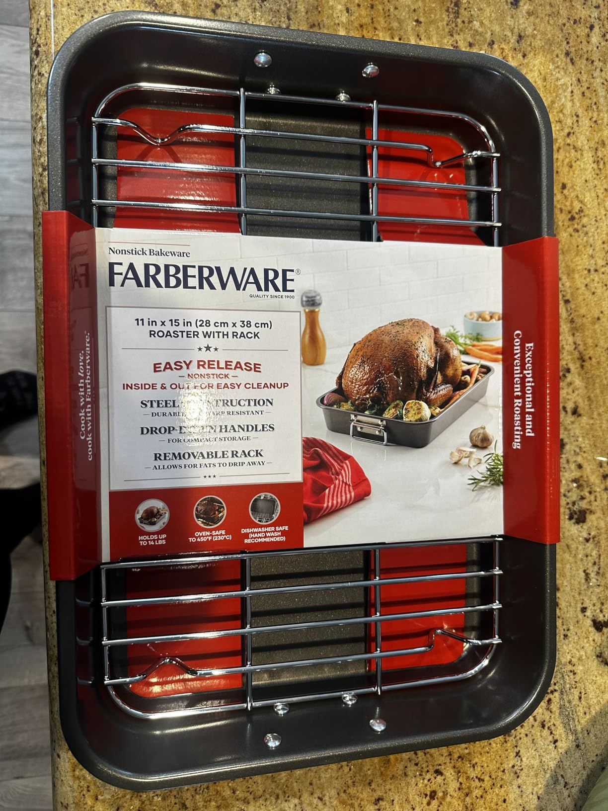 Farberware Bakeware Nonstick Roaster, Roasting Pan with Rack, Gray | Roast pan with flat rack, 11-inch x 15-inch, with easy cleaning and less sticking, warp-resistant roasting pan customer photo 2