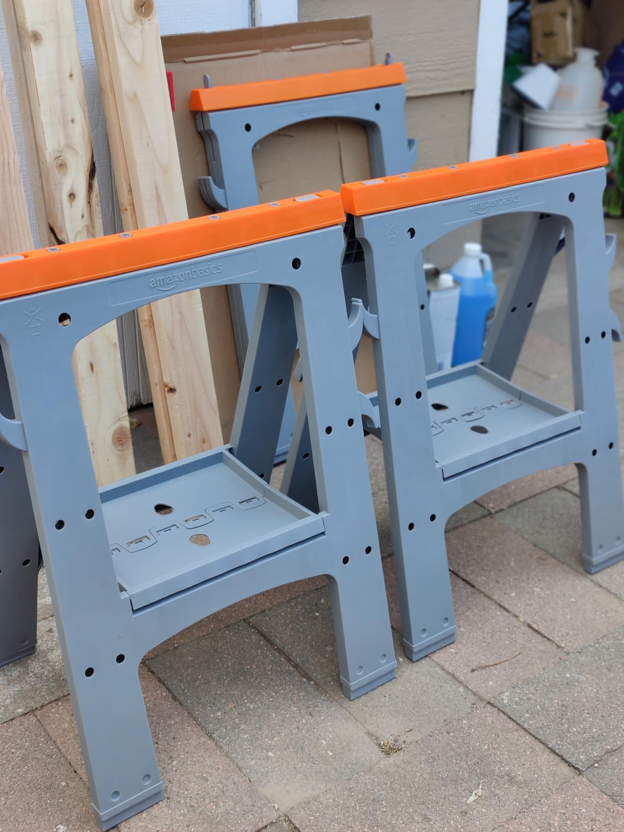 Amazon Basics Rectangular Folding Sawhorse, Collapsible, Folds Flat, 900 Pound Capacity, Set of 2, Orange and Grey customer photo 2
