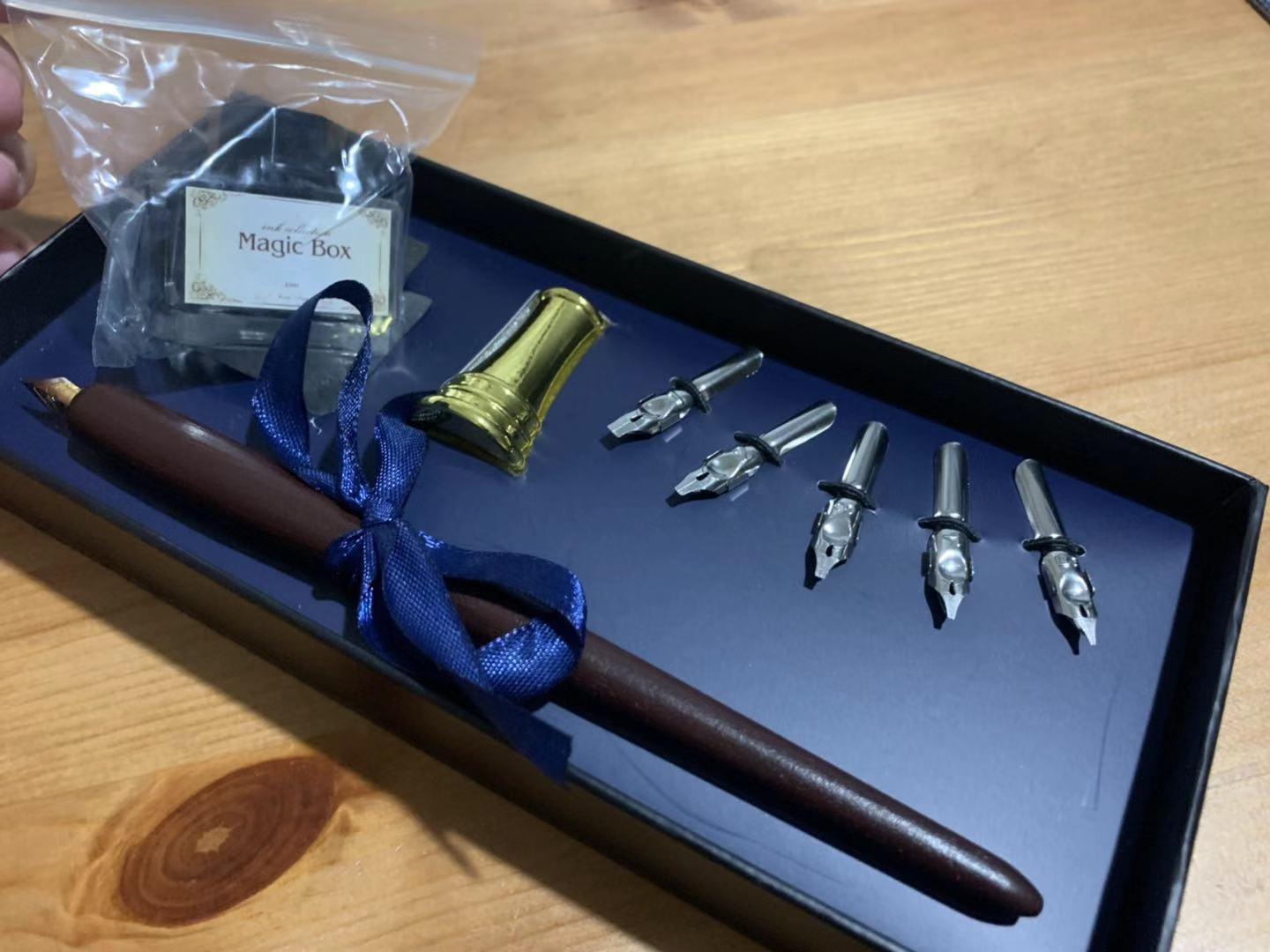 Plotube Wooden Pen Calligraphy Set - Dip Pen Gift Writing Case - Black Ink Bottle & Golden Holder & 11 Nibs and Beginner's Manual customer photo 2