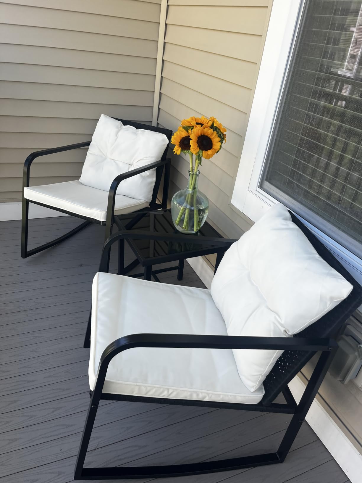 Devoko 3 Pieces Patio Furniture Set Wicker Outdoor Rocking Bistro Chair - PE Rattan Patio Conversation Sets with Glass Coffee Table for Porch, Balcony, Garden, Poolside (Beige) customer photo 1