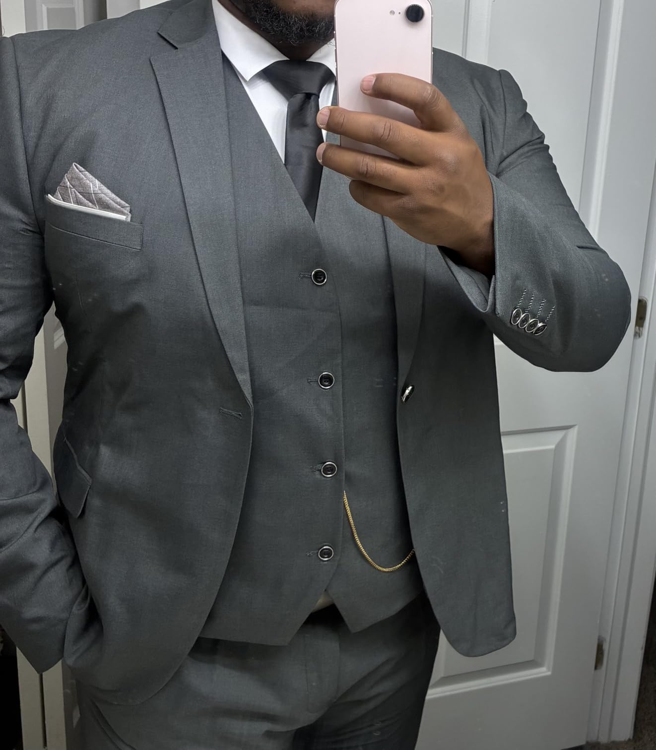 MY'S Men's 3 Piece Suit Set with Tie, One Button Slim Fit Solid Jacket Vest Pants, Prom Party Wedding Business Suits for Men customer photo 2