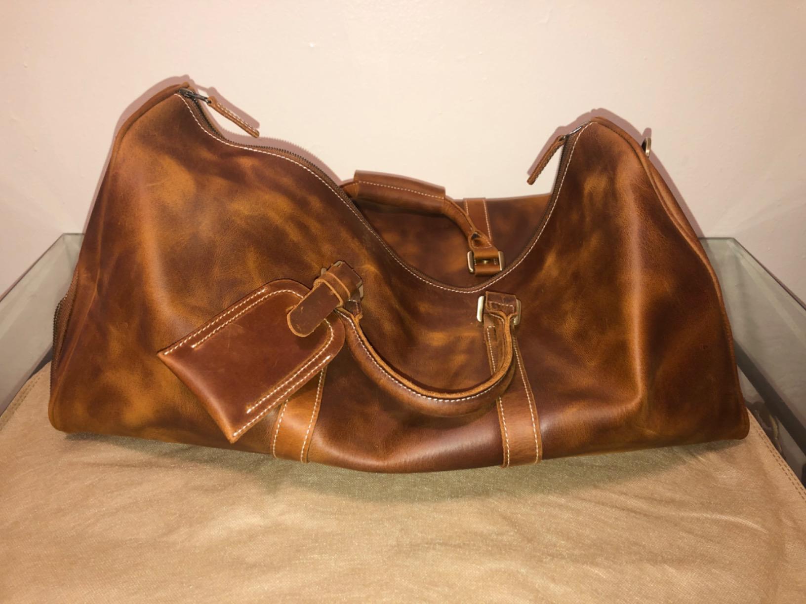 Leather Travel Duffel Bag, Mens Classic Gift Leather Weekend Bag Overnight Full Grain Retro Sport Gym Carry on Luggage YKK Zipper (Brown) customer photo 2