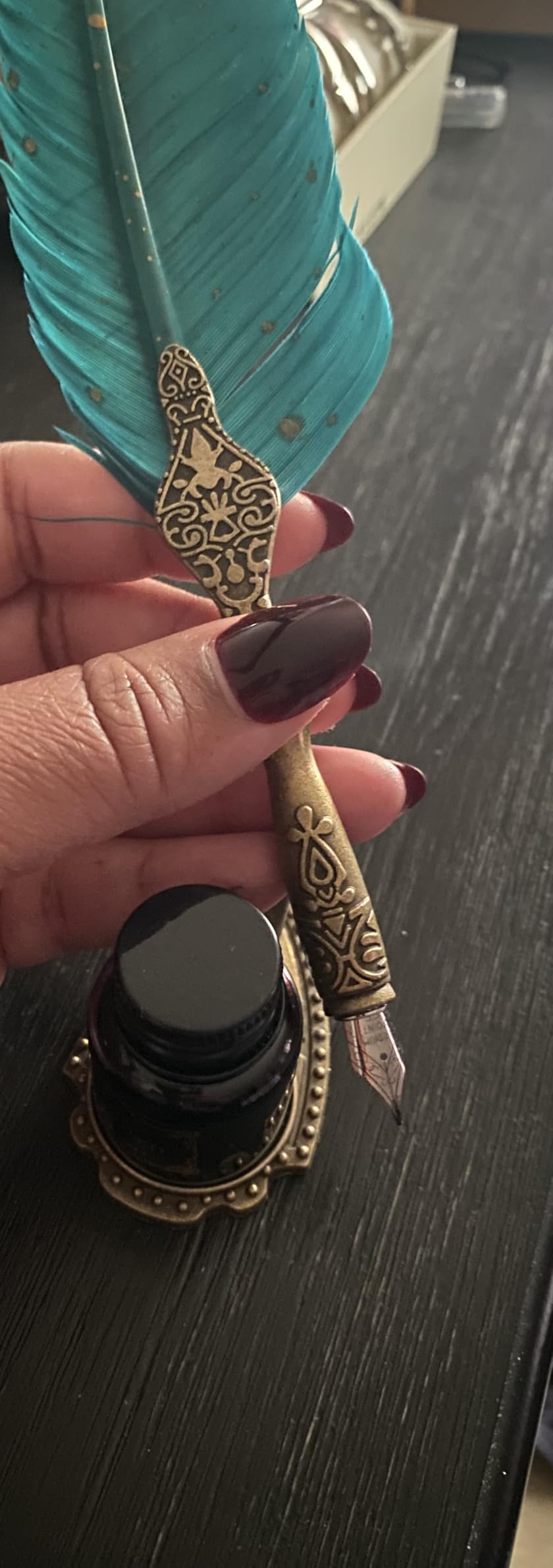VANGOAL Vintage Feather Pen and Ink Set, Classic Series Pheasant Quill Pen with Carving Pen Stand, Calligraphy Pen Nibs, Black Dip Pen Ink customer photo 1