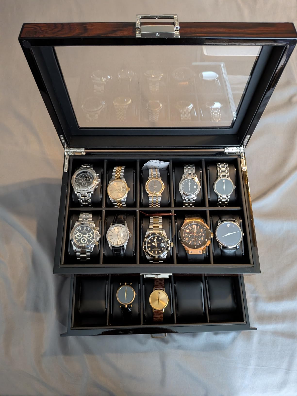 BEWISHOME High-End Watch Case, 20-Slot Watch Box Organizer Large Glass Lid | Watch Cases for Men with Removable Pillows, Wooden Watch Box, Synthetic Leather Interior, Watch Display Case Brown SSH04Y customer photo 1