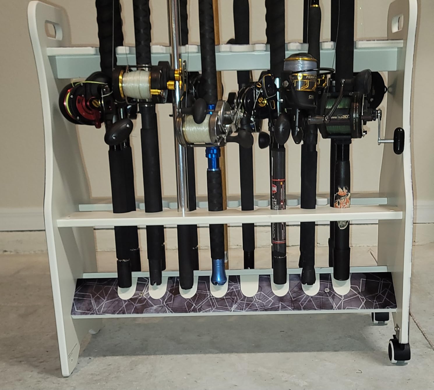 Rush Creek Creations Reel Salty Offshore and Inshore Waterproof Marine Grade 16 Rolling Fishing Rod Holder Dock/Garage Storage Rack, Gray/White, 29.8
