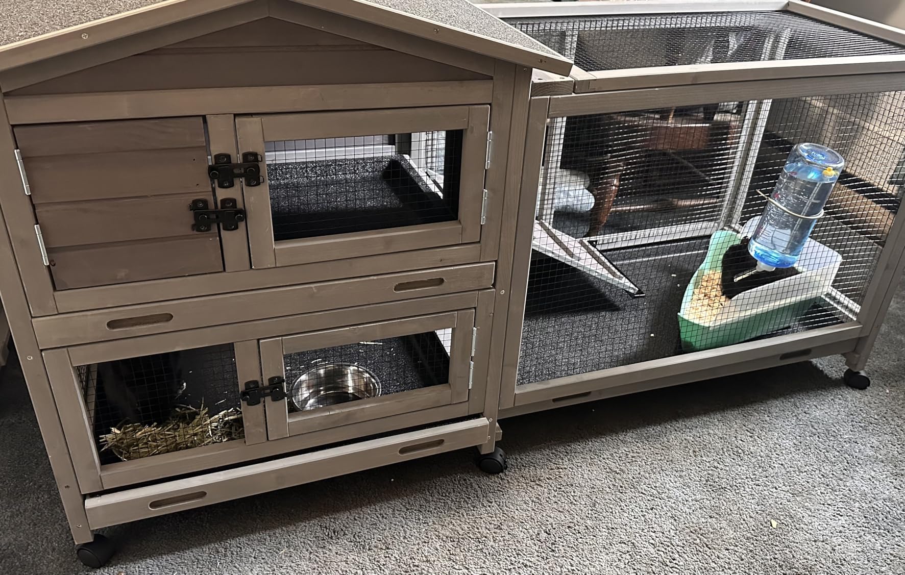 Bunny Cage Indoor and Outdoor Rabbit Hutch with Casters Waterproof Roof, Pull Out Tray from Back and Front 61.2