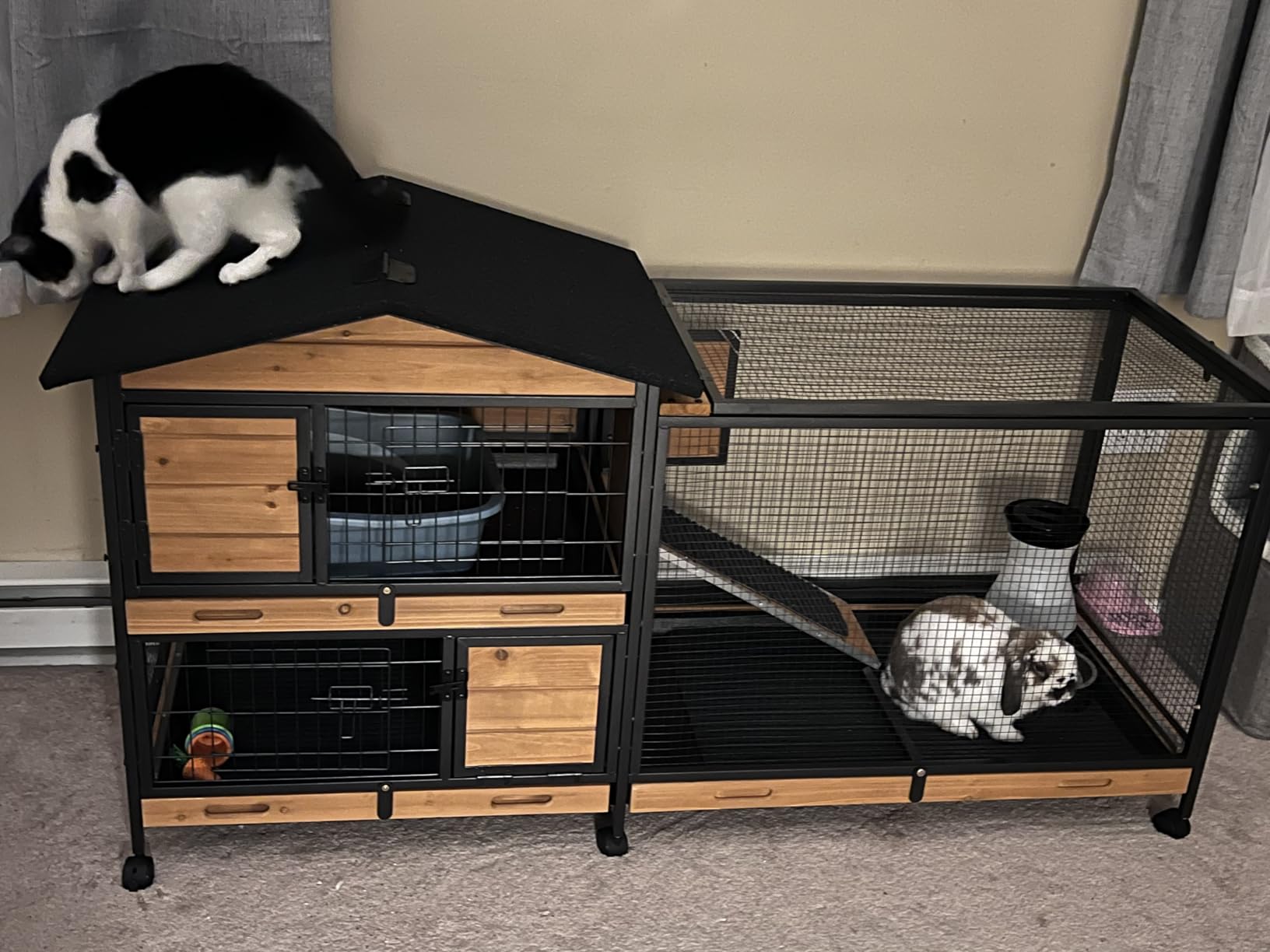 Bunny Cage Indoor and Outdoor Rabbit Hutch with Casters Waterproof Roof, Pull Out Tray from Back and Front 61.2