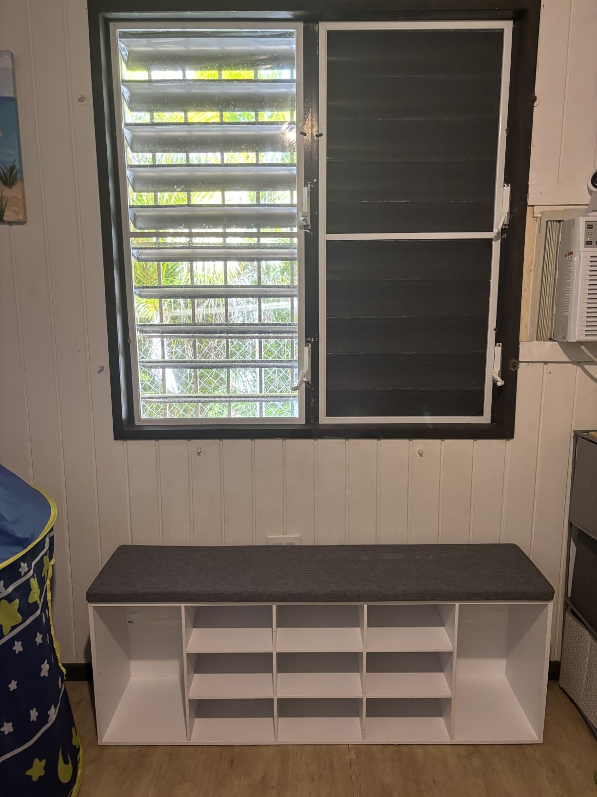 DINZI LVJ Shoe Storage Bench with Cushion, Cubby Shoe Rack with 12 Cubbies, Adjustable Shelves, Multifunctional Shoe Organizer Bench for Entryway, Mudroom, Hallway, Closet and Garage, White customer photo 2