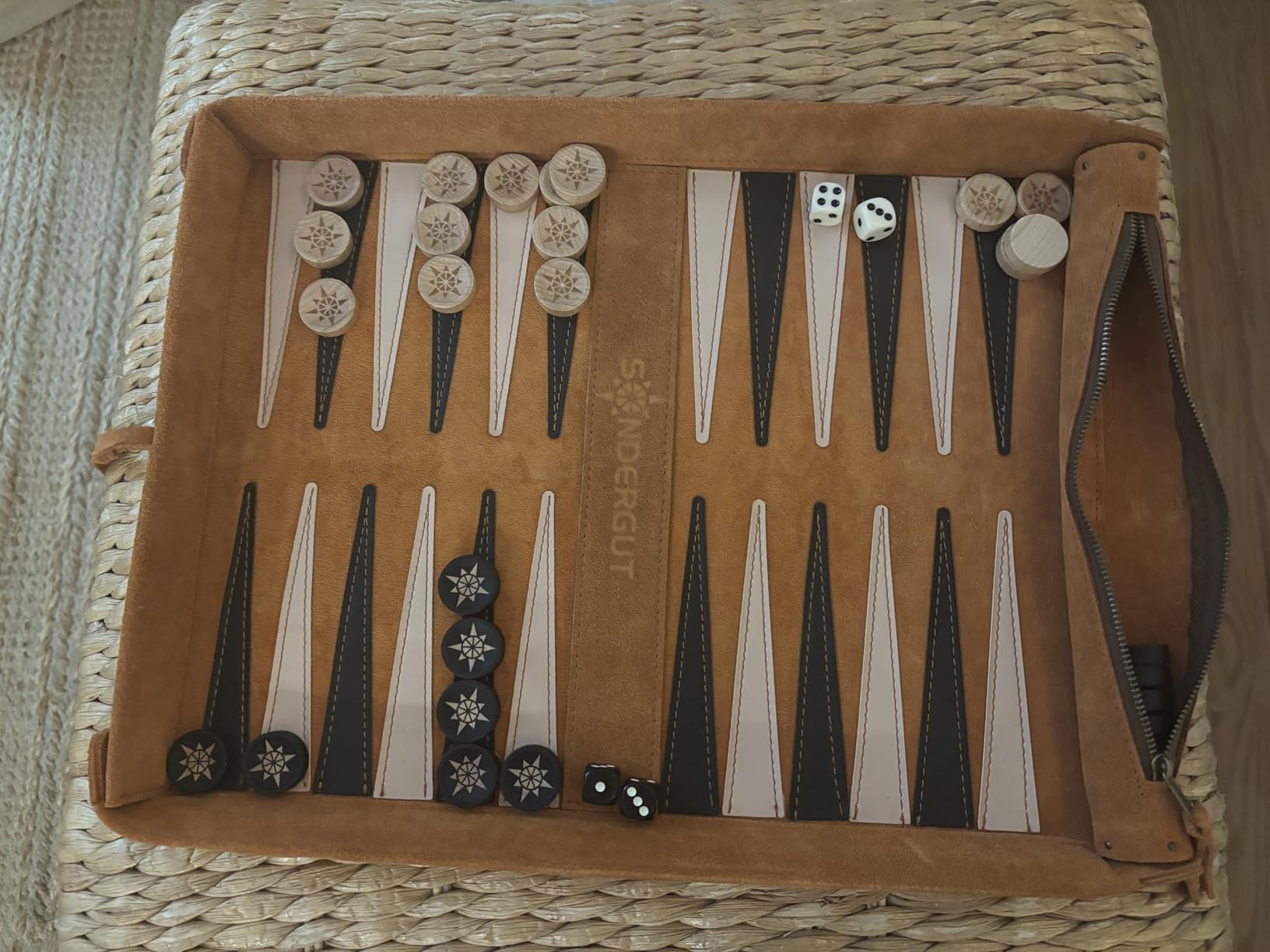 Sondergut Roll-up Portable Suede Deluxe Backgammon Game Set- Elegant Design Engraved Wood Stones Pop-Up Playing Field - Ideal for RV Travel, Cruise, Airplane, Camping, Backpacking, Road Trips customer photo 2