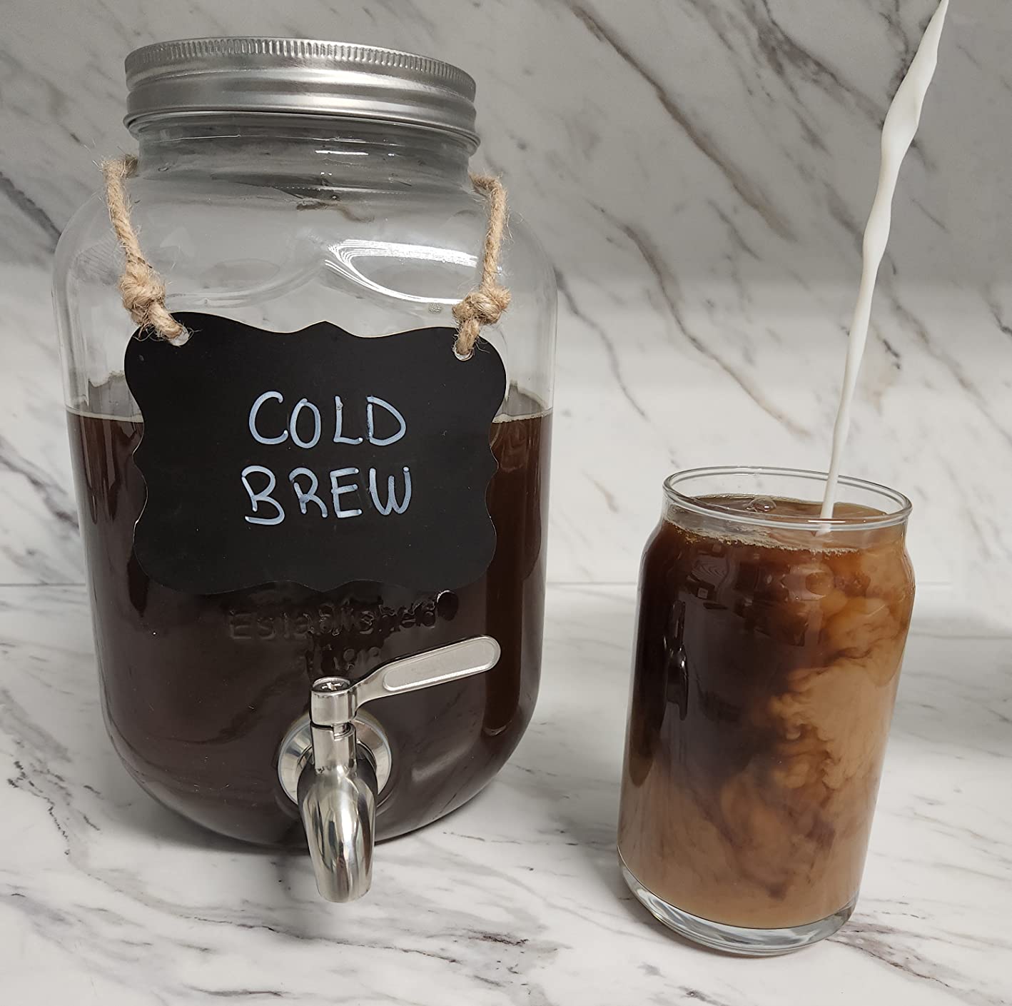 1 Gallon Cold Brew Coffee Maker - 3rd Generation Fine Mesh Filter - Stainless Steel Spigot - Extra Thick Large Glass Mason Jar Drink Dispenser Carafe, Iced Coffee Maker & Sun Tea Pitcher with Infuser. customer photo 1