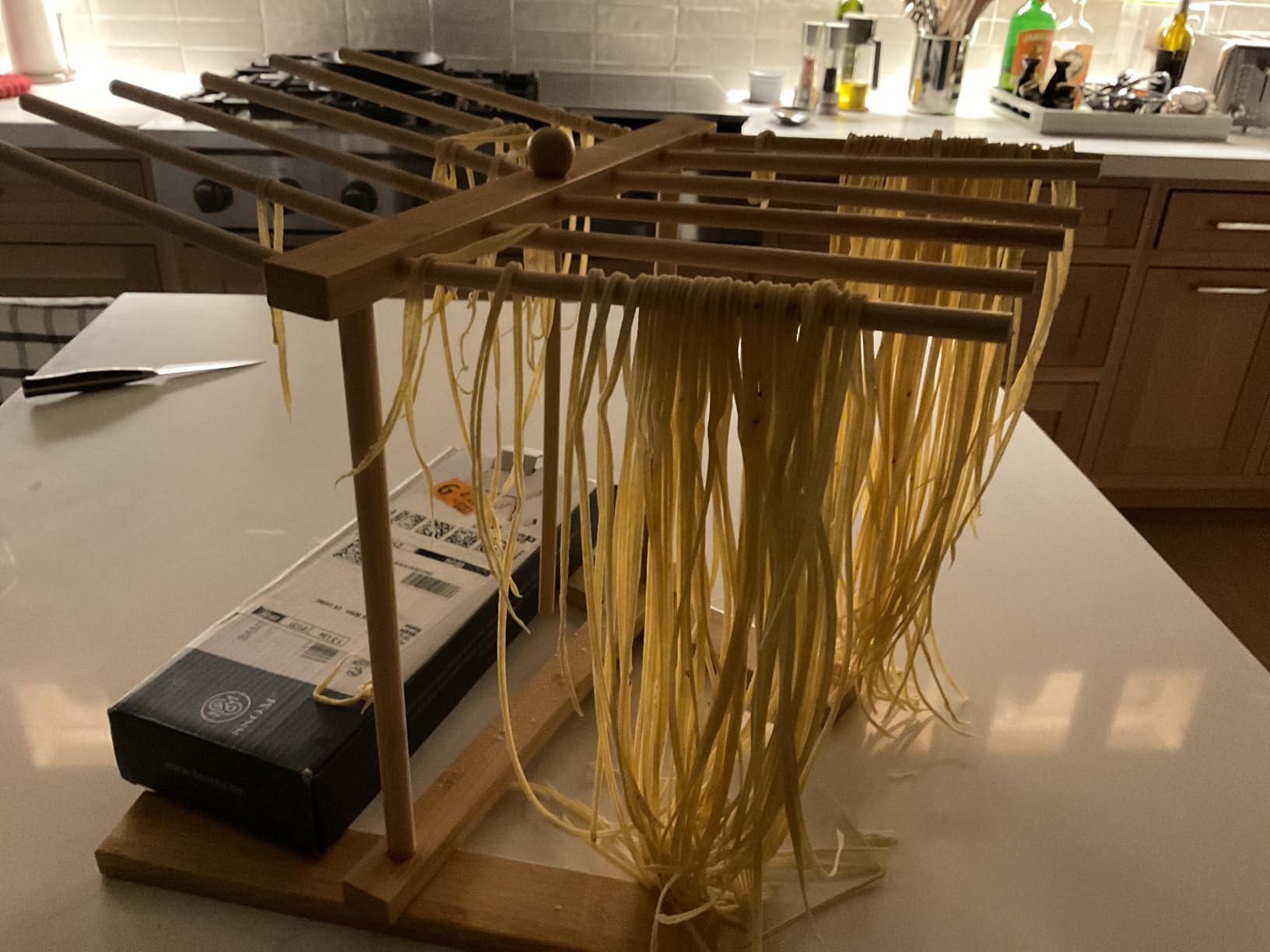 Bamboo Pasta Drying Rack with Transfer Wand and 12 Bars, Easy to Transfer for Drying Pasta and Cooking, Special Suspension Design for Large Storage customer photo 1