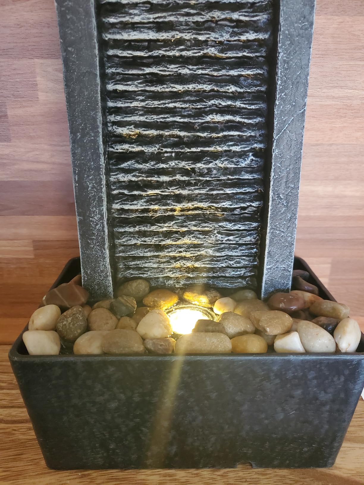 Haobos Modern Tabletop Water Fountain, Minimalist Indoor Waterfall with Warm LED Light & River Rocks, Soothing Zen Desk Fountain for Office, Bedroom, Spa, Relaxation Desk Decor Gift customer photo 1