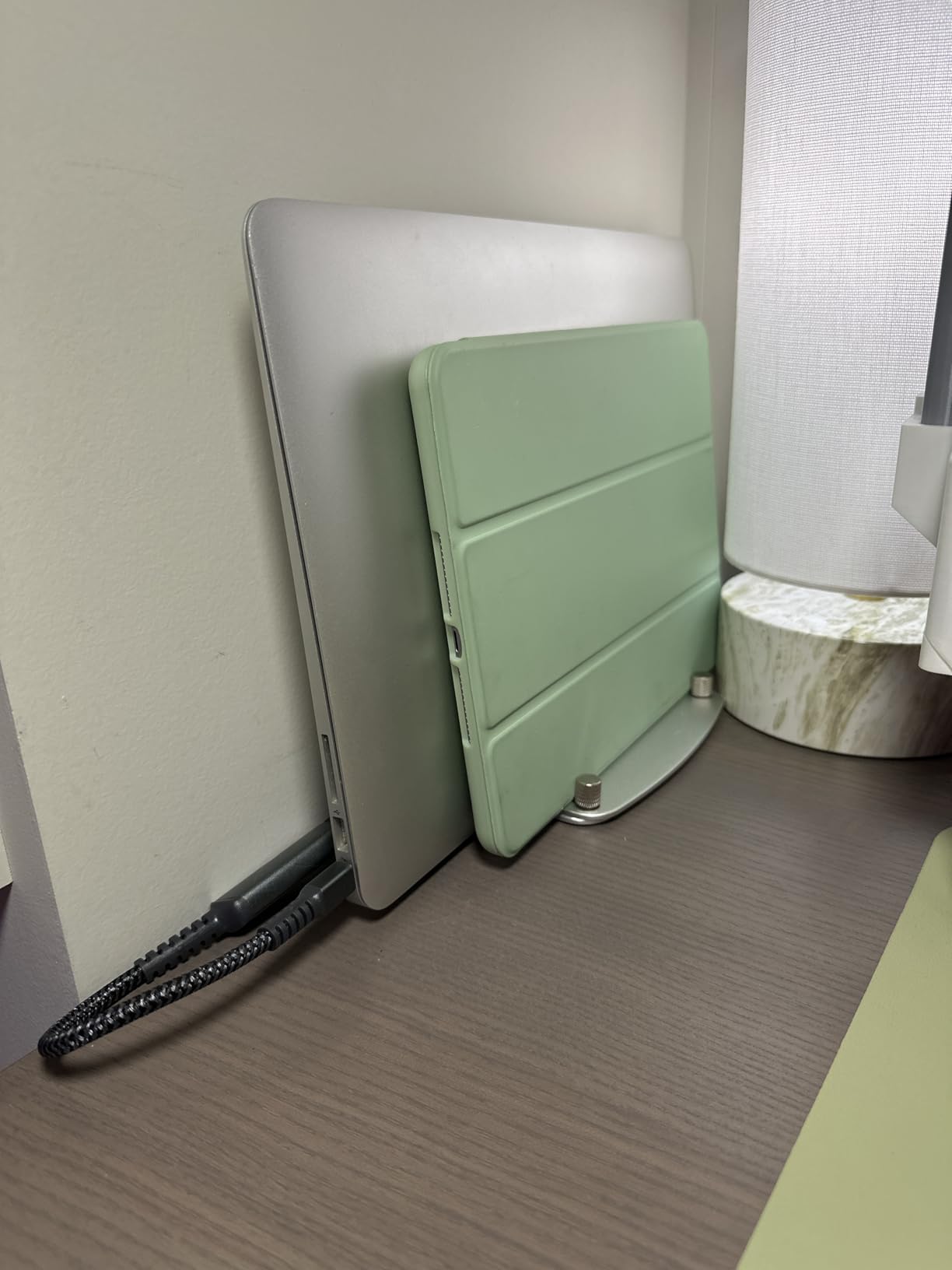 LOTEYIKE Aluminum Vertical Laptop Stand, MacBook Pro Laptop Vertical Stand Dock Holder with Adjustable Slot Fits All Laptops Notebook Tablets MacBook Air - Save Space & Improve Airflow, Grey customer photo 2