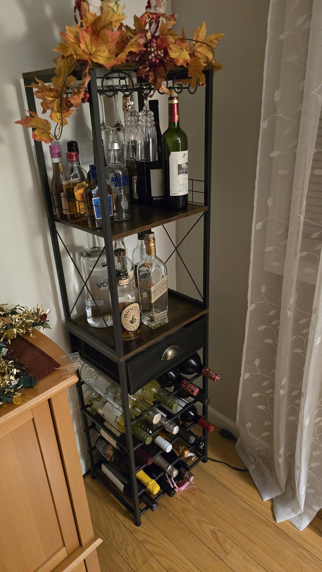 Homeiju Wine Rack Freestanding Floor, Bar Cabinet for Liquor and Glasses, 4-Tier bar Cabinet with Tabletop, Glass Holder, Storage Drawer and Wine Storage for Living Room (Patent No.D29872845) customer photo 2