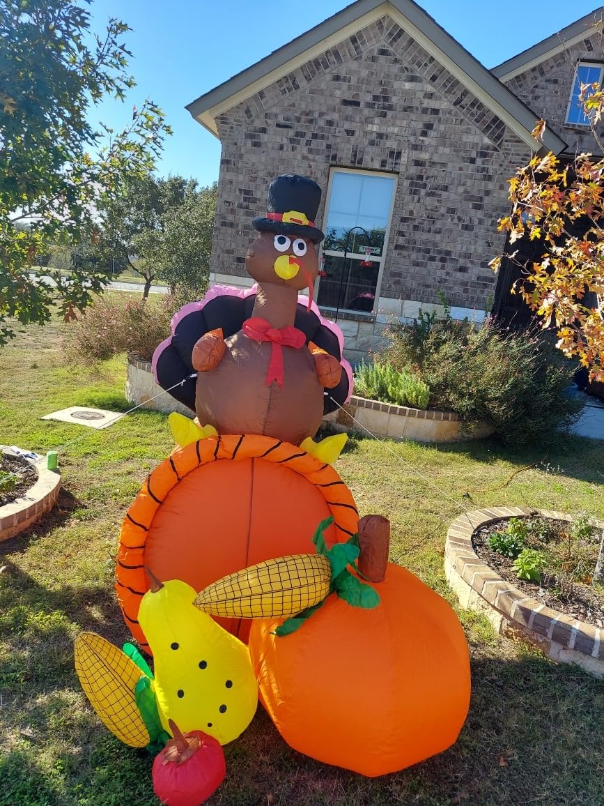 Inflatable Turkey Yard Decorations Thanksgiving Inflatables, 7FT Long Giant Blow up Turkey on Cornucopia with Built-in LED Rotating Lights, for Fall Lawn Party Holiday Decorations Outdoor customer photo 2