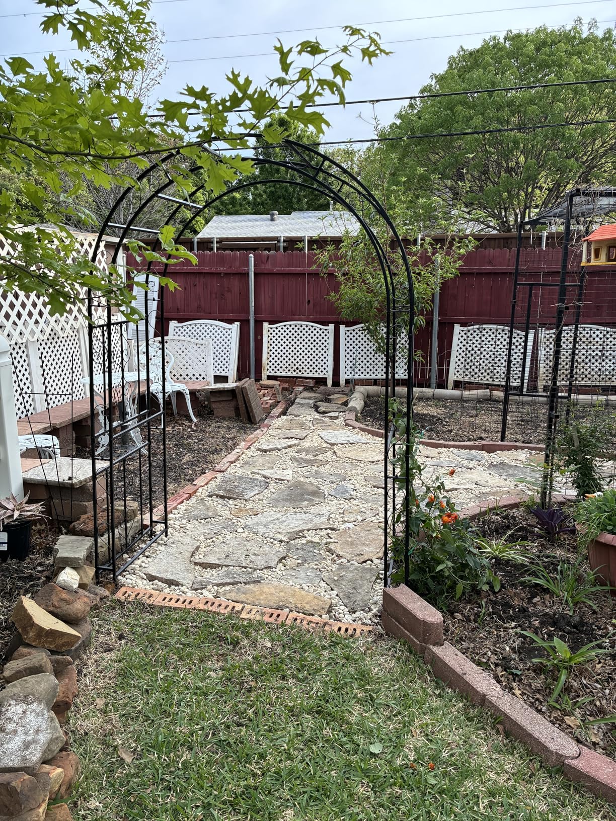 Outvita 7FT Metal Garden Arch Arbor, Black Trellis Frame | Heavy duty metal arbour with 7 in ground stakes; for roses, vines, lawn, patio, wedding & party decor customer photo 1
