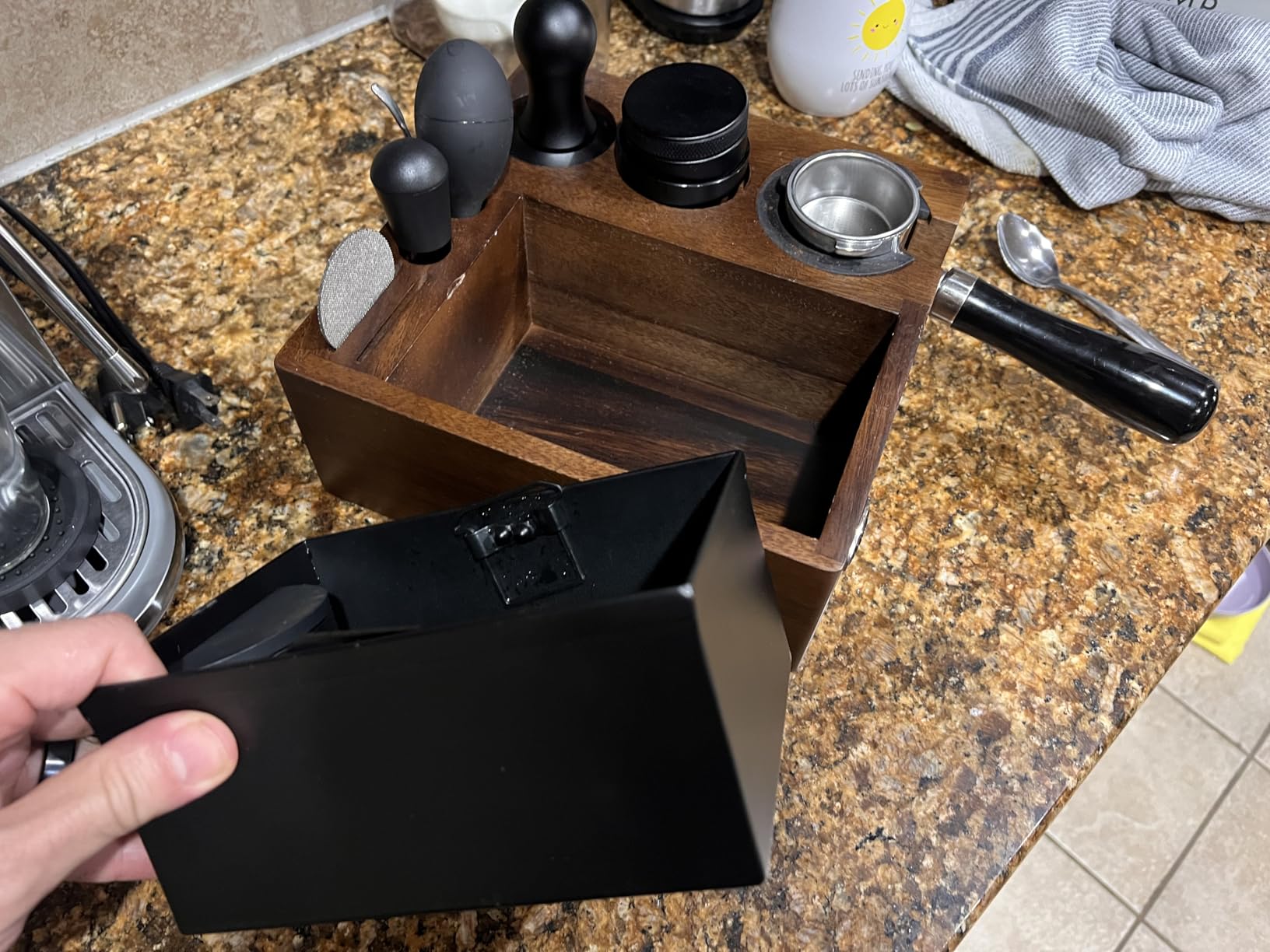 IKAPE V2 Espresso Knock Box, Espresso Coffee Organizer Box Fit for Storage 51mm 53/54mm 58mm Espresso Tamper, Distributor, Portafilter & Puck Screen Accessories, Natural Walnut Station Base (8 IN One) customer photo 1