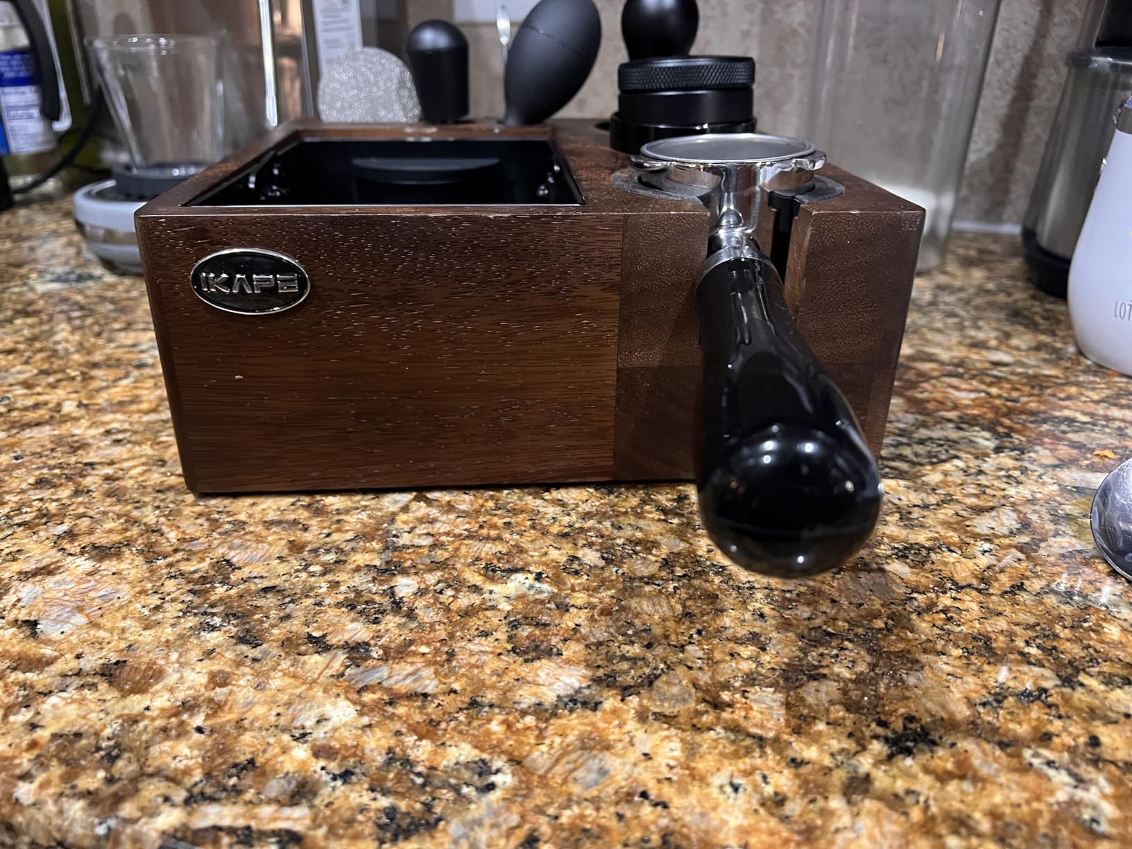 IKAPE V2 Espresso Knock Box, Espresso Coffee Organizer Box Fit for Storage 51mm 53/54mm 58mm Espresso Tamper, Distributor, Portafilter & Puck Screen Accessories, Natural Walnut Station Base (8 IN One) customer photo 2