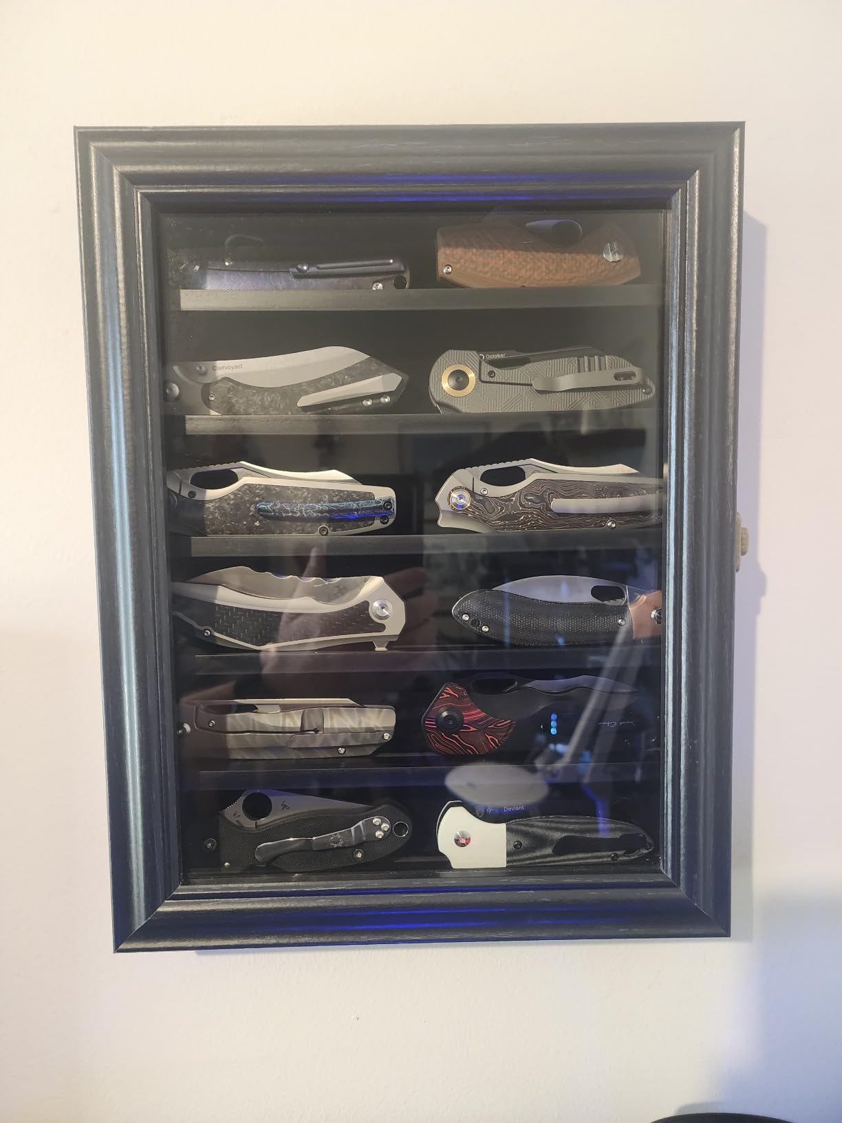 Knife Display Case for Wall - Pocket Knife Cabinet with HD Tempered Glass | 6 Rows Wooden Military Folding Knives Holder Display Box for 12 Knives, Black customer photo 2