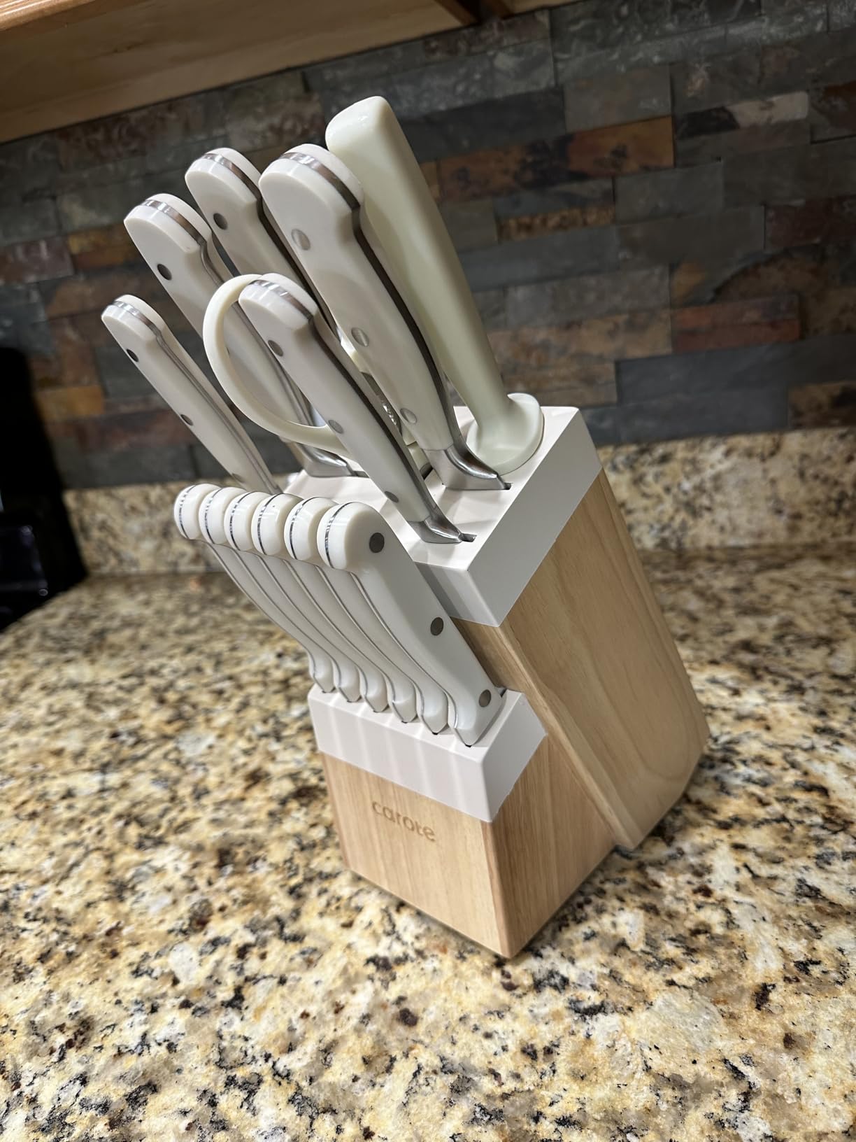 CAROTE 14-Piece Knife Set with Wood Block, Rust-Resistant, Cream | Razor-Sharp High Carbon Stainless Steel Knives, Forged, Triple-Riveted Ergonomic Non-Slip Handles customer photo 1