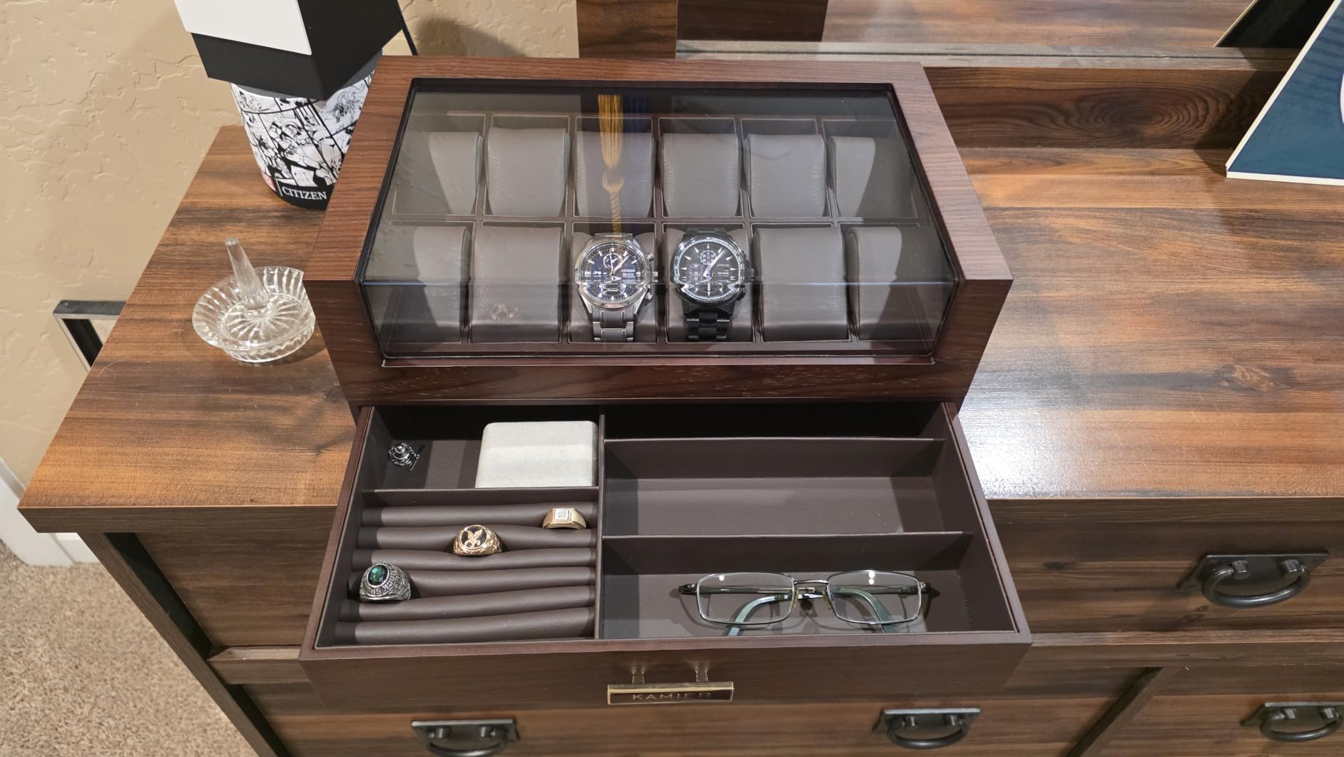KAMIER High End Watch Box for Men, 12 Slot Wooden Watch Case With Drawer | Watch Display Box with Lid, 2-Layer Watch Holder for Jewelry and Watch Storage for Men Women, Ideal for Gift (With Gift Box) customer photo 1