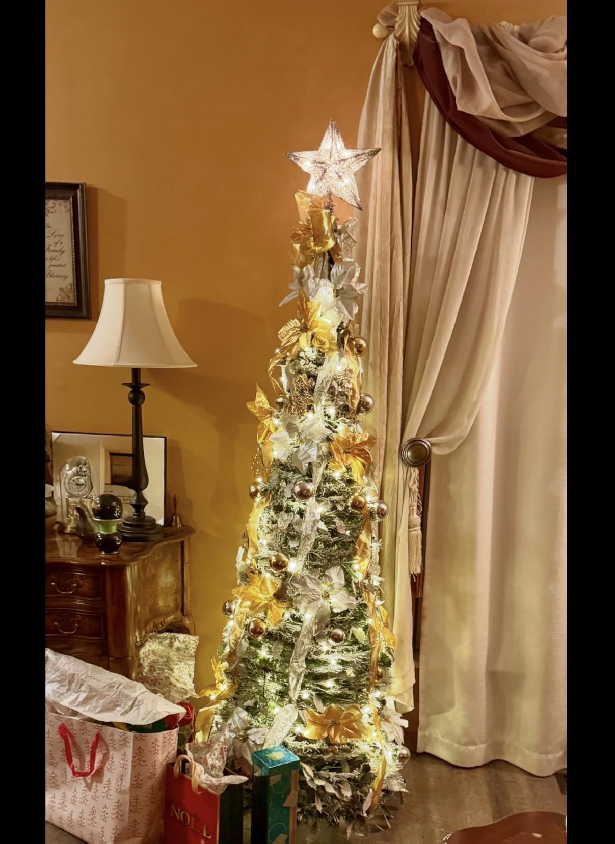 VINGLI 6ft Pop up Artificial Christmas Pine Tree with 150 Warm White Lights, Xmas Tree Holiday Party Decorations with Sturdy Metal Stand (Gold&Silver) customer photo 2