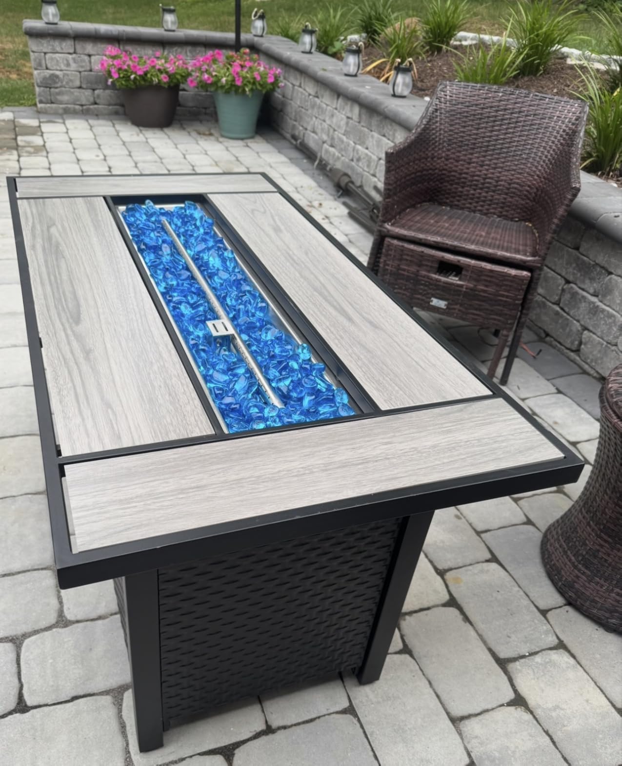 45 Inch Propane Fire Pit Table, 50,000 BTU Outdoor Gas Fire Pit for Patio & Backyard, 2-in-1 Firepit Dining Table with Glass Wind Guard, Blue Glass Rocks & Waterproof Cover customer photo 1