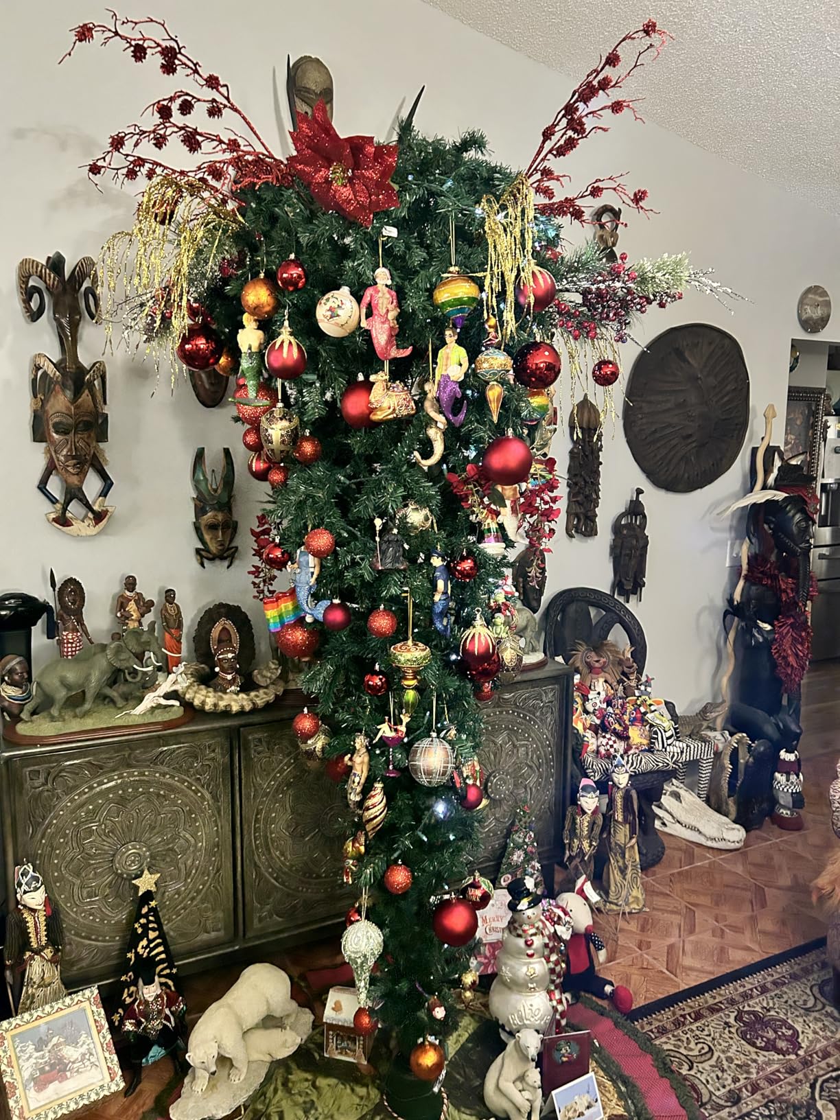 HAPPYGRILL 7.5FT Pre-Lit Upside Down Christmas Tree Snow Christmas Tree with 1100 Branch Tips, 400 LED Lights, 8 Lighting Modes, Artificial Xmas Tree for Holiday Decor customer photo 2