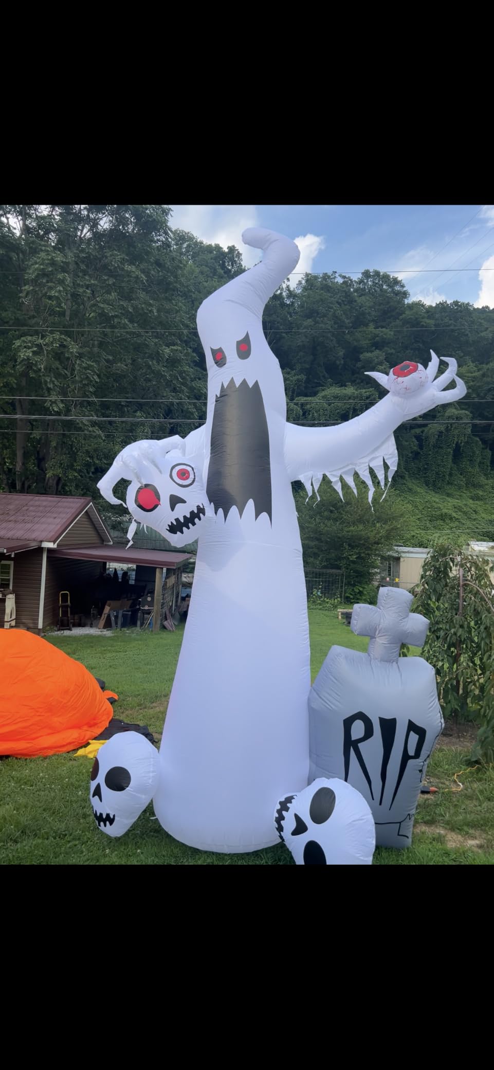 HOPOCO 12 FT Halloween Inflatables Outdoor Halloween Blow Up Yard Decorations Horror White Ghost with 3 Skull Heads Bleeding Eyeball Tombstone Halloween Decorations Clearance for Party Yard Garden customer photo 1