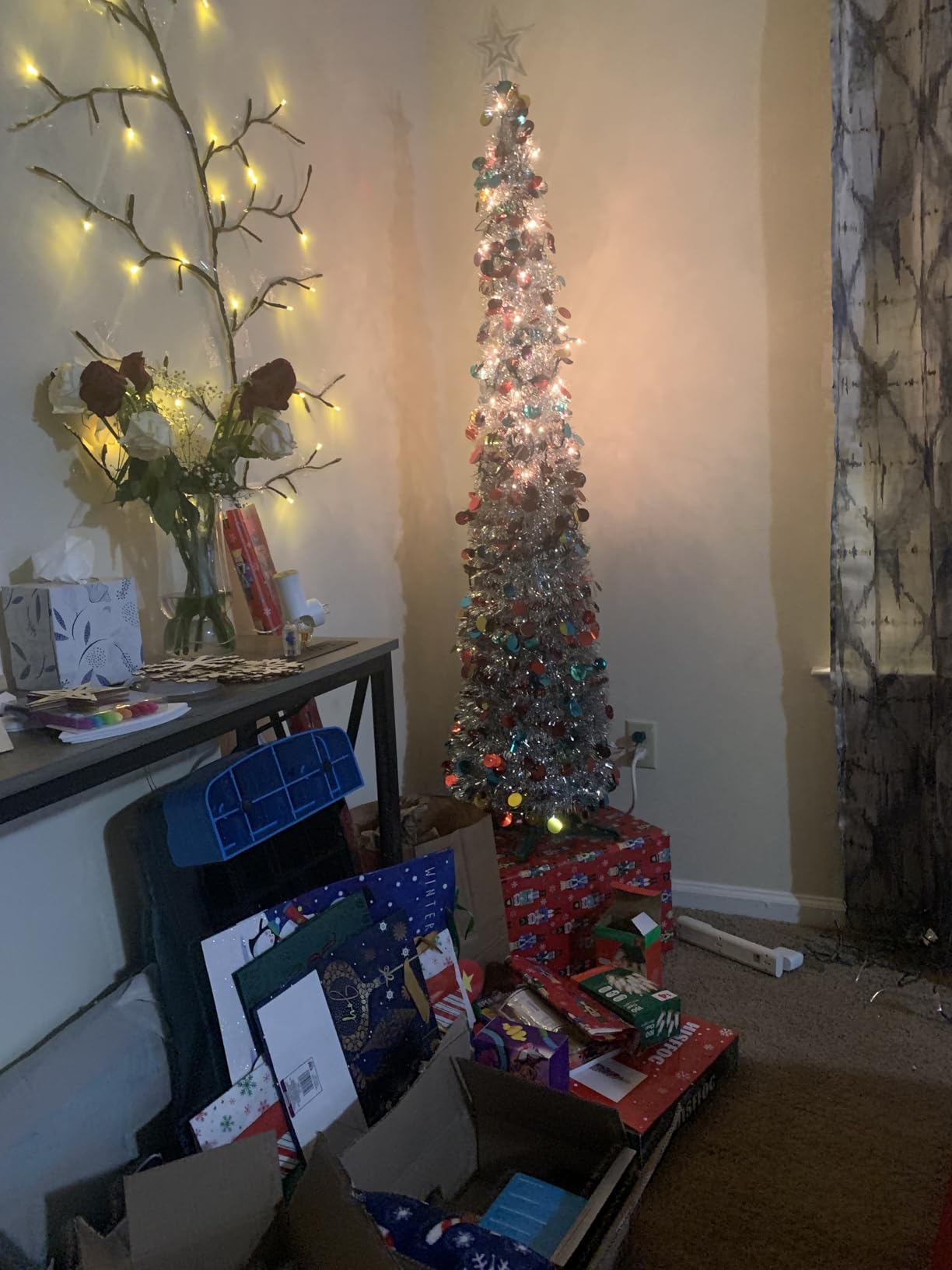 HISFFOG 5FT Pop Up Christmas Tinsel Tree with 8 Remote Lights Modes - Collapsible Colorful Sequin Artificial Christmas Pencil Trees Decorations for Home Apartment Party Fireplace Indoor Outdoor customer photo 2