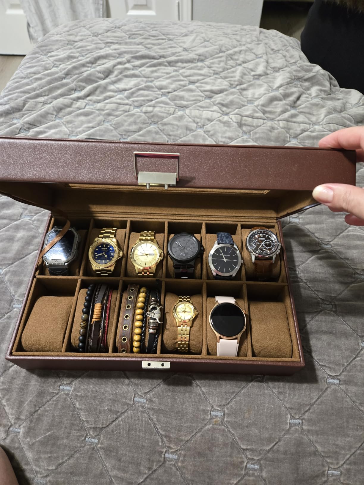 ProCase Watch Box Organizer, 12 Slot Watch Display Case, Brown | Watches Storage Boxes Holder for Men Women, Large Glass Lid, Removable Pillows, Anniversary Christmas Birthday Gifts customer photo 2